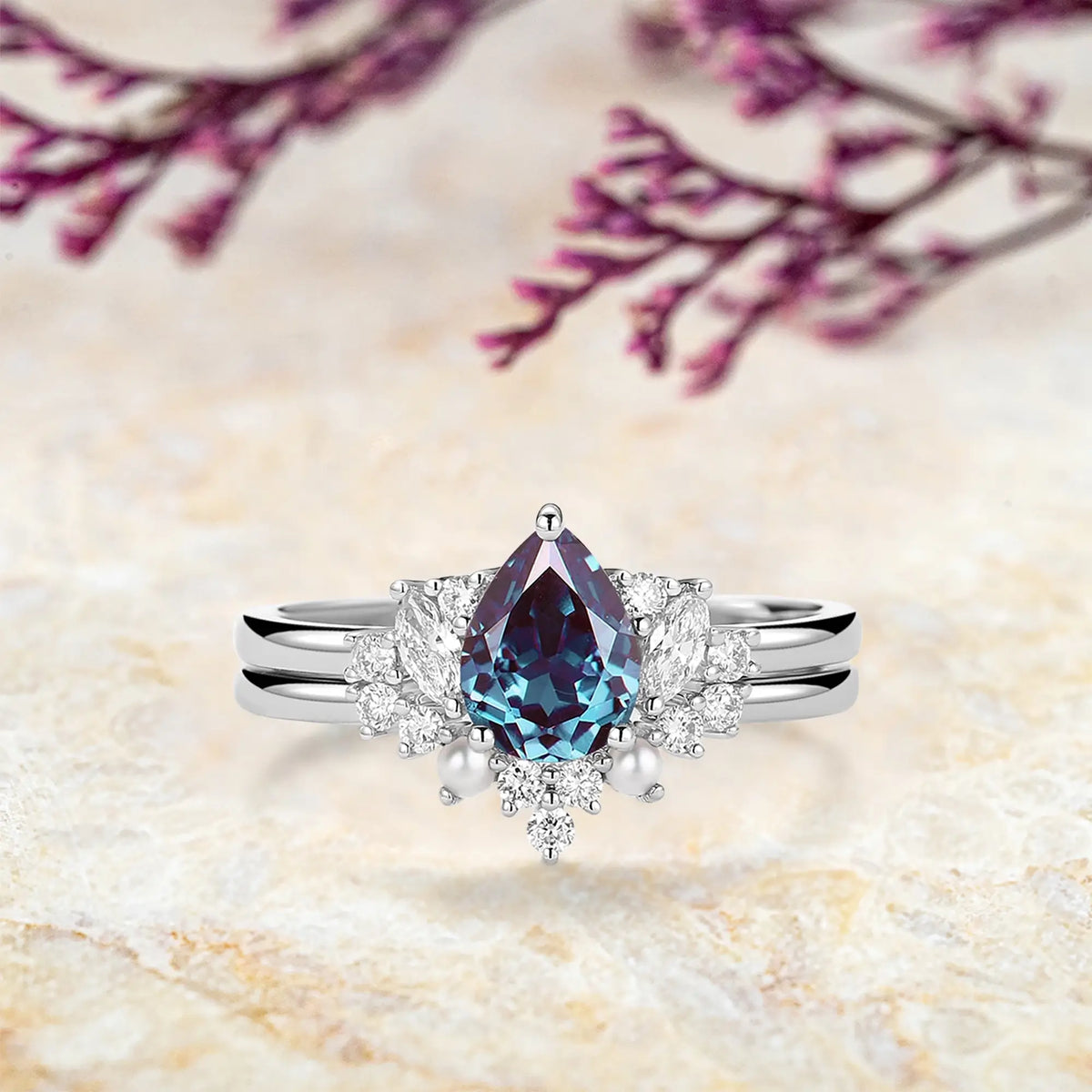 lexandrite & Pearl Vintage Ring Set – June Birthstone Bridal Ring for Women 14k white gold