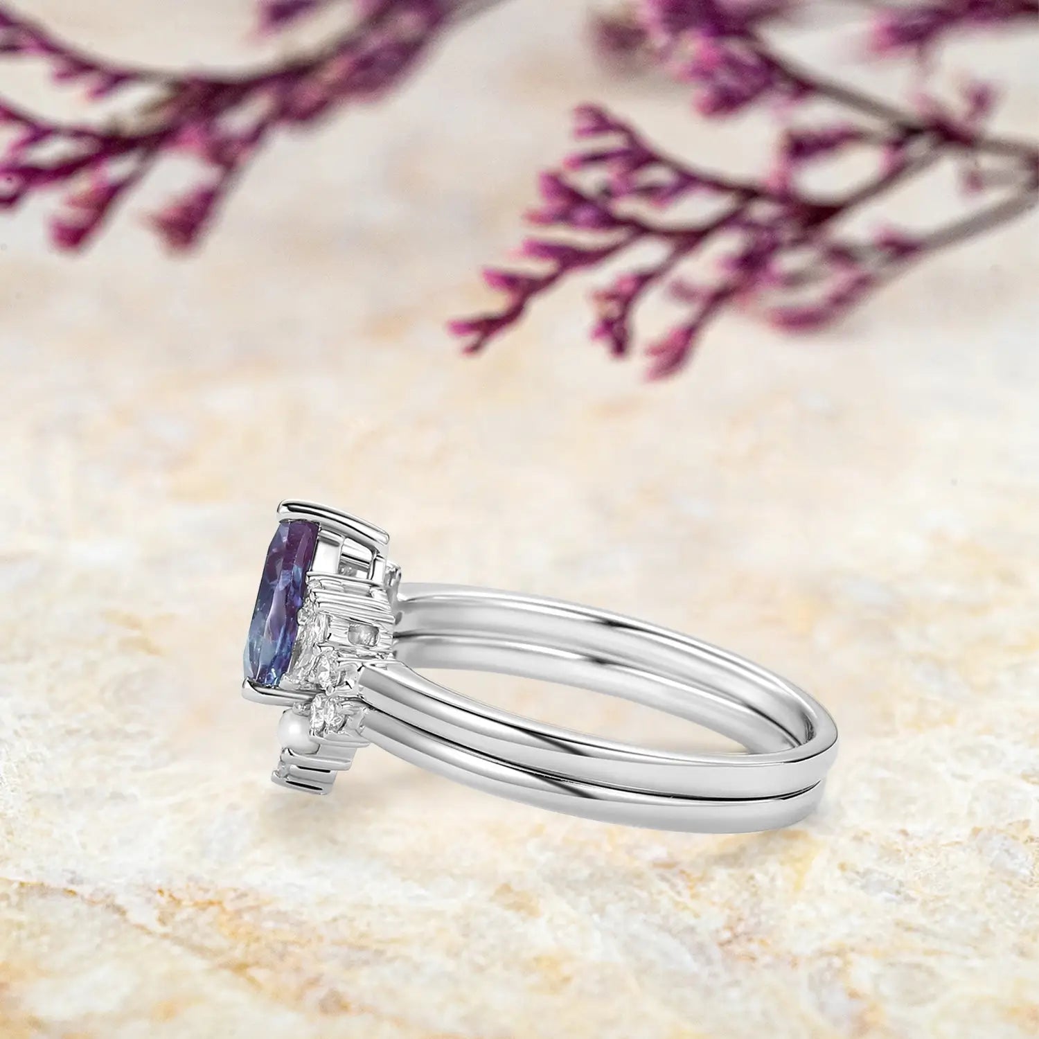alexandrite & Pearl 14k white gold Cluster Ring Set – June Birthstone Bridal Ring for Women