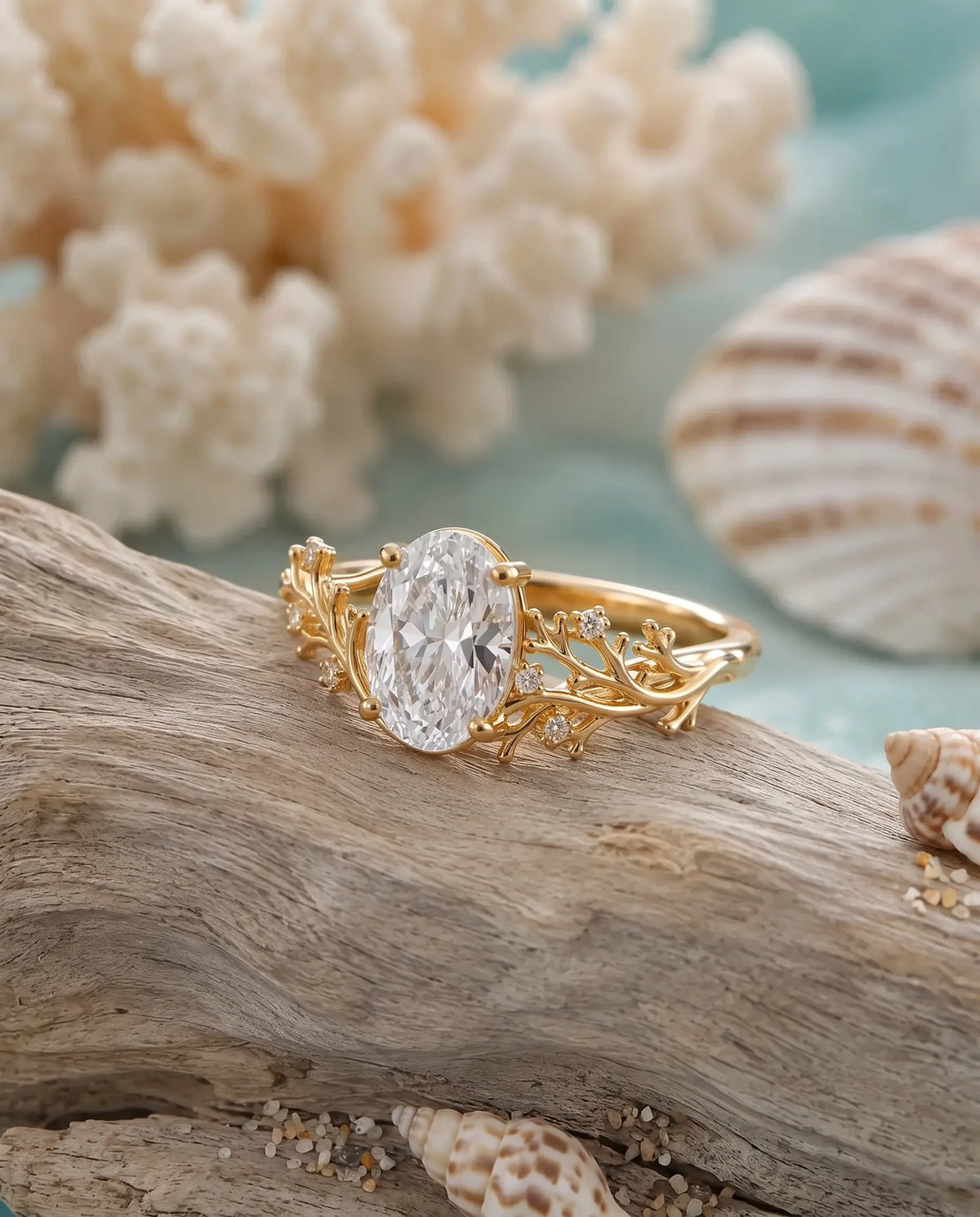 Coastal inspired gold ring with oval moissanite and round accents