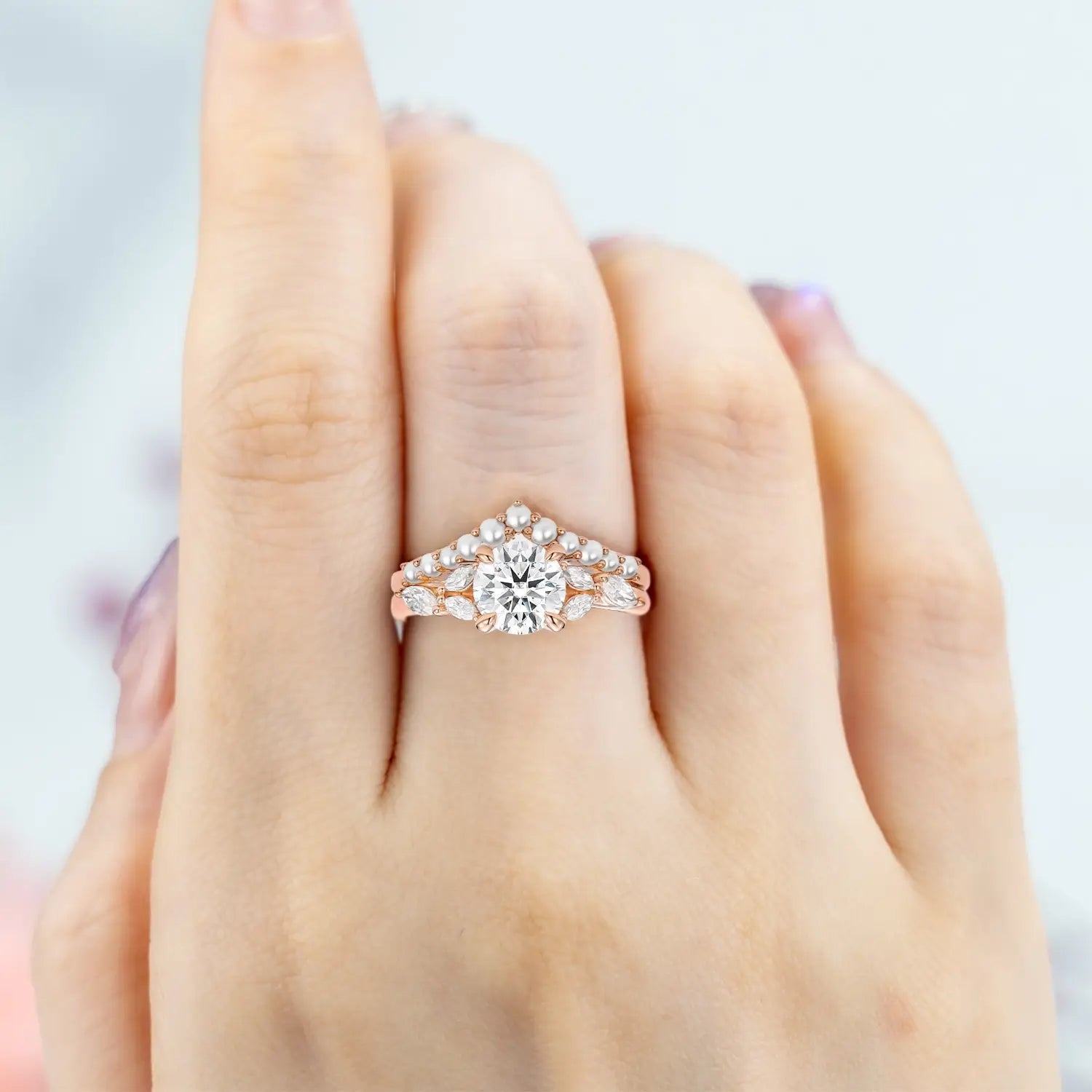 leafy moissanite pearl bridal ring 2pcs cluster engagement ring solid gold orleone jewelry