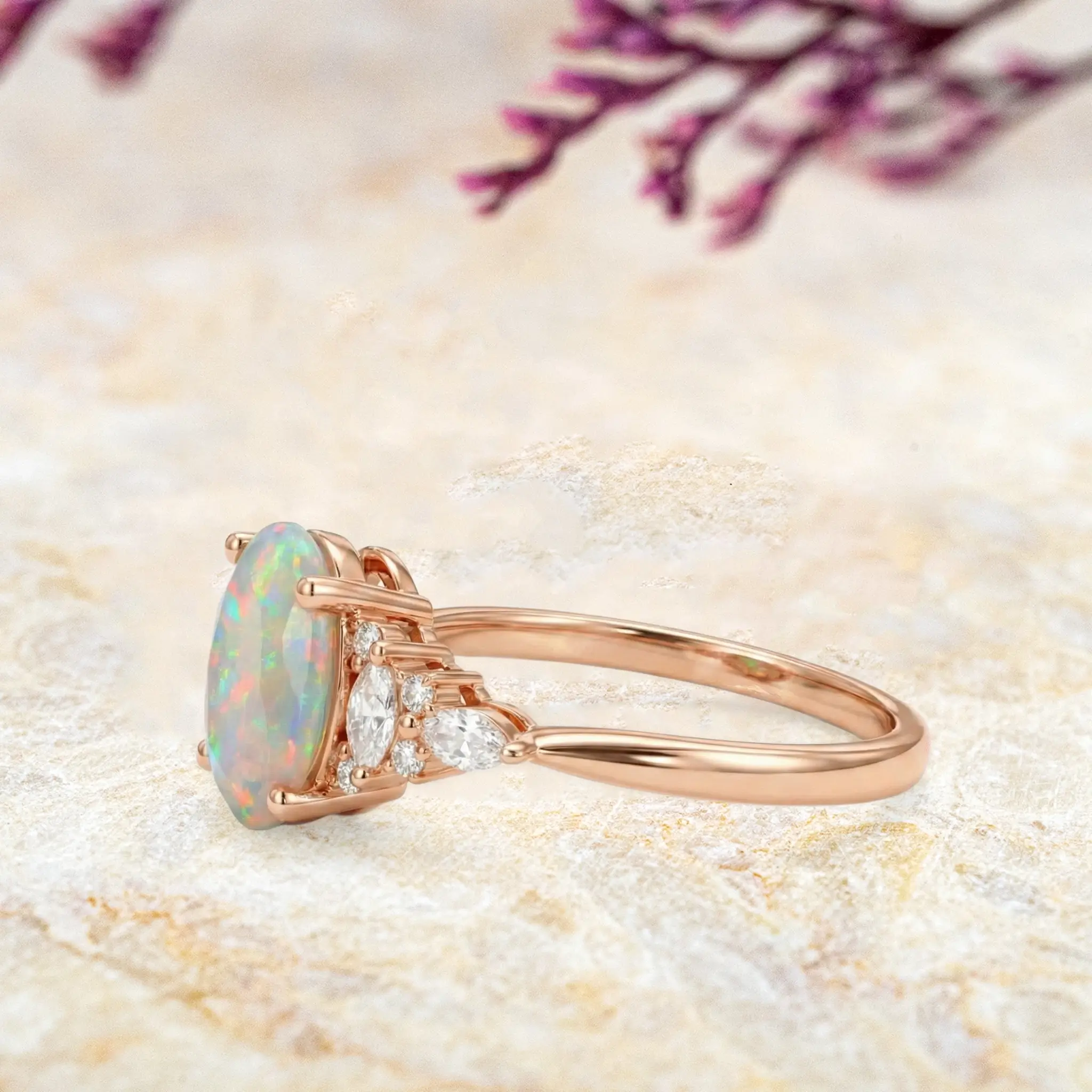 Classic artistic oval opal ring in rose gold anniversary jewelry for women