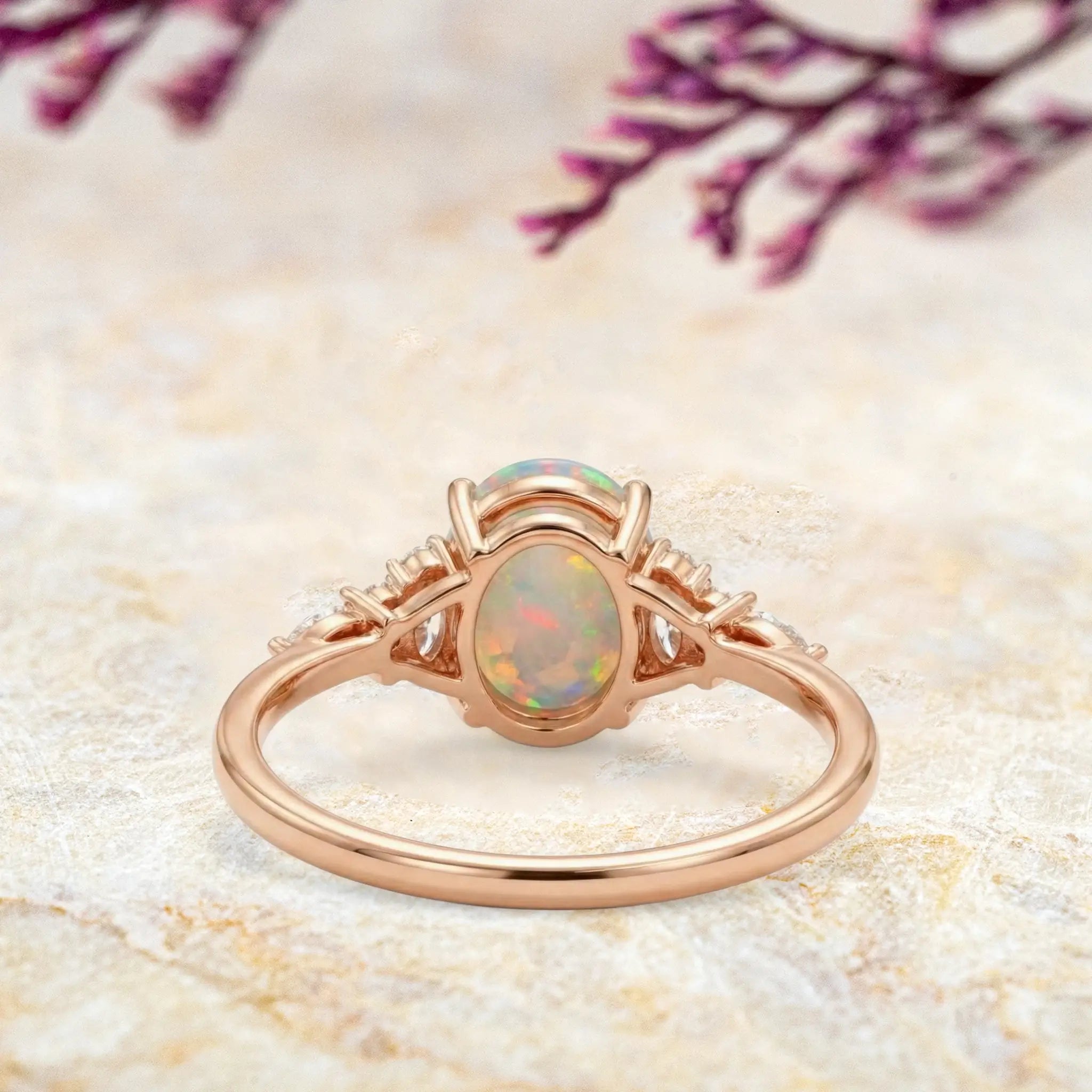 Custom oval cut opal engagement ring with moissanite cluster handmade fine jewelry