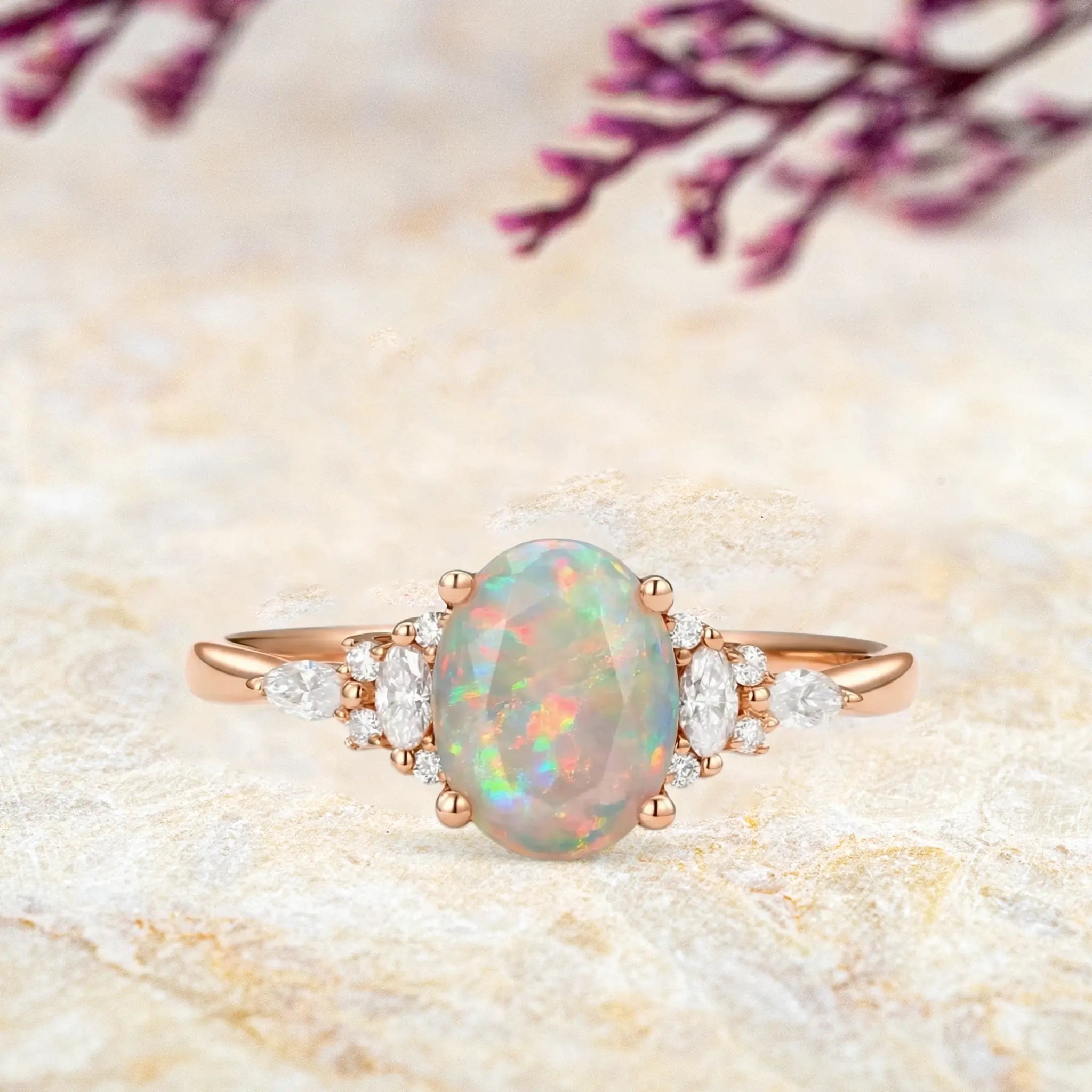 Natural white opal engagement ring oval cut with marquise and round moissanite accents