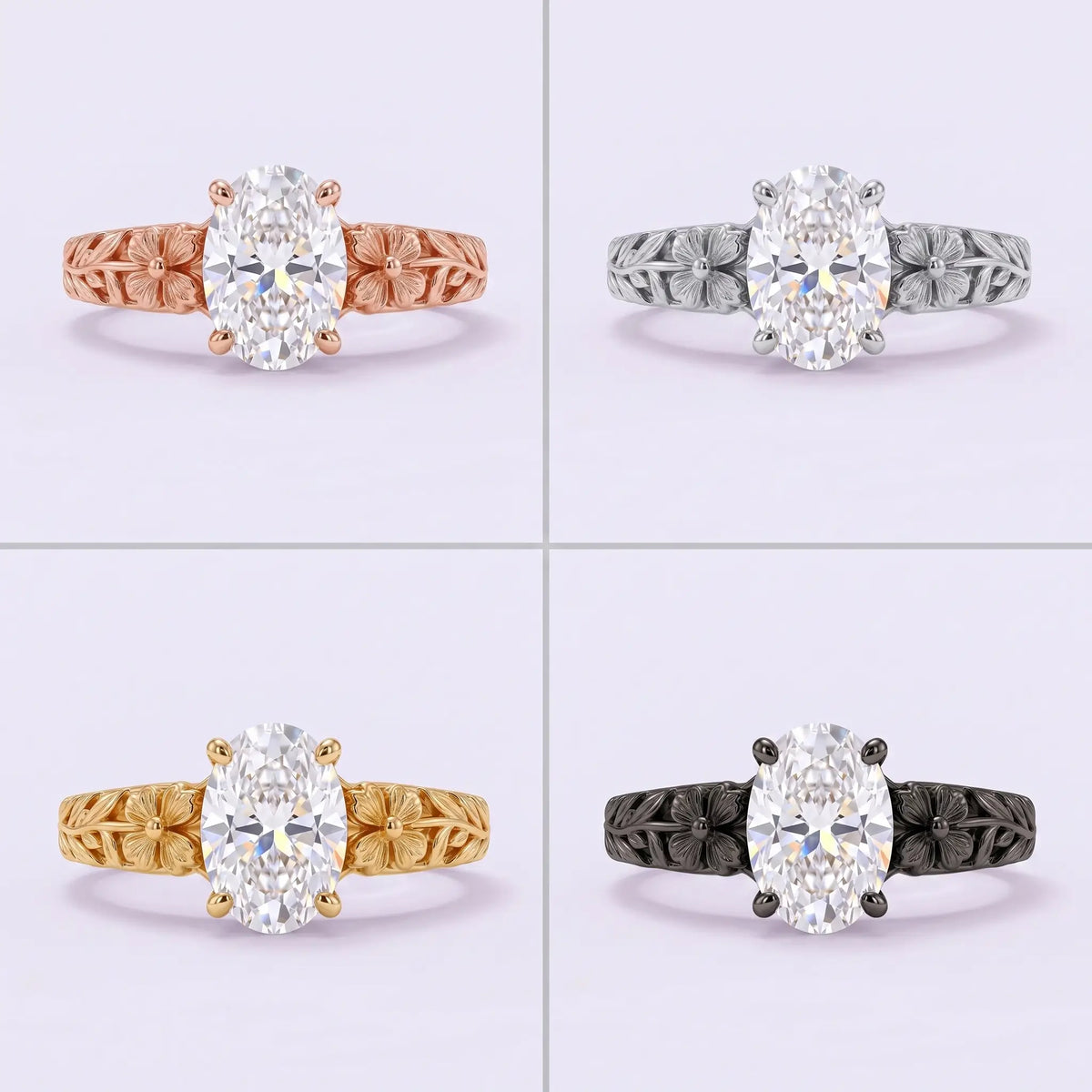 Avelune oval lab diamond floral solitaire engagement ring shown in four metal color variations.
