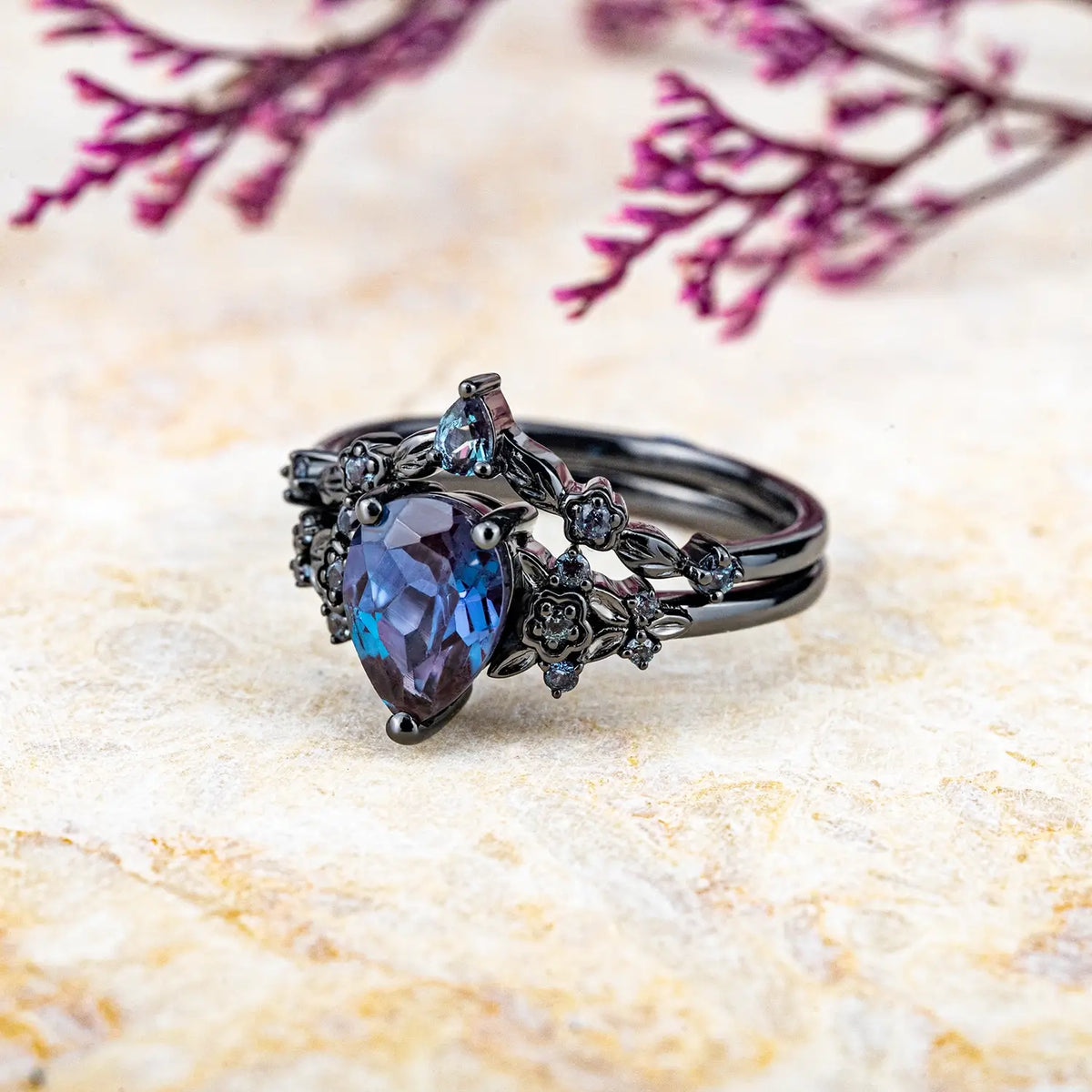 Black Gold Floral Alexandrite Ring Set – Unique Rhodium Black Bridal Artistic Jewelry Gothic Rings