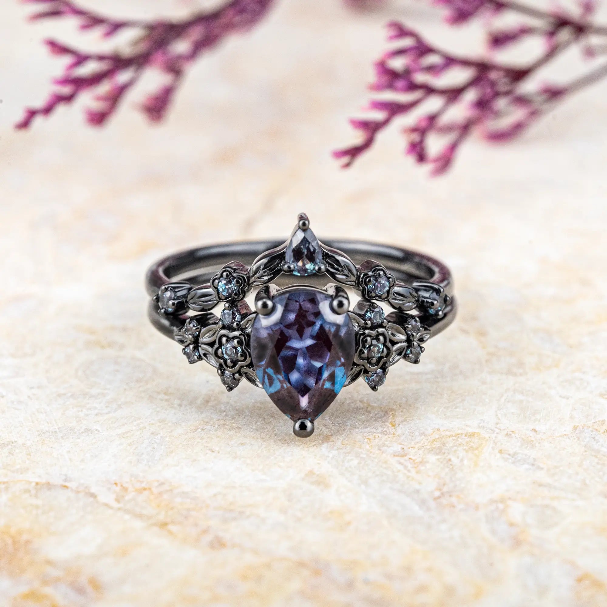 Black Floral Alexandrite Ring Set Unique Rhodium Black Bridal Jewelry