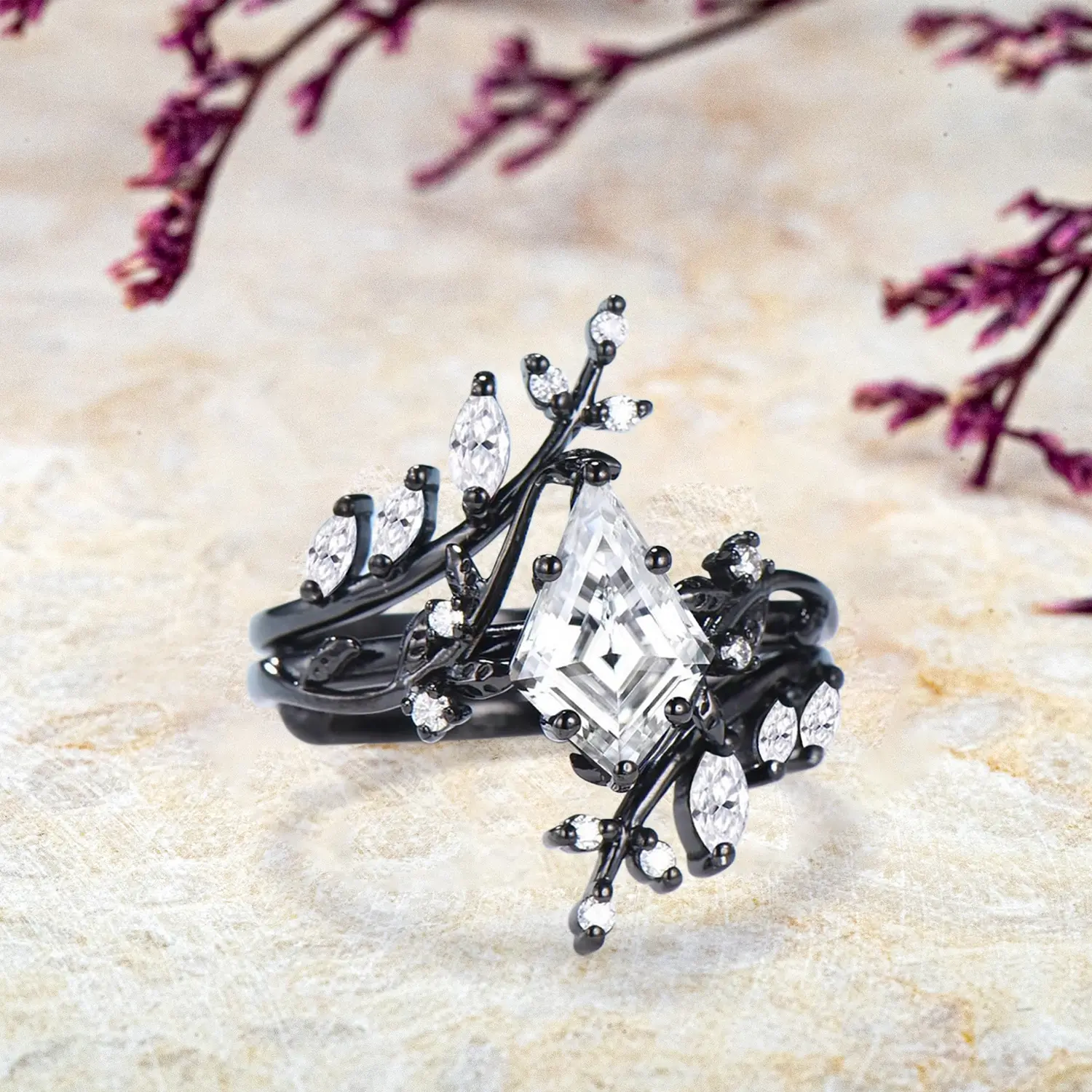 Unique Gothic Black Gold Kite Cut Moissanite Engagement Ring Set Leaf Rings for ladies promise gift
