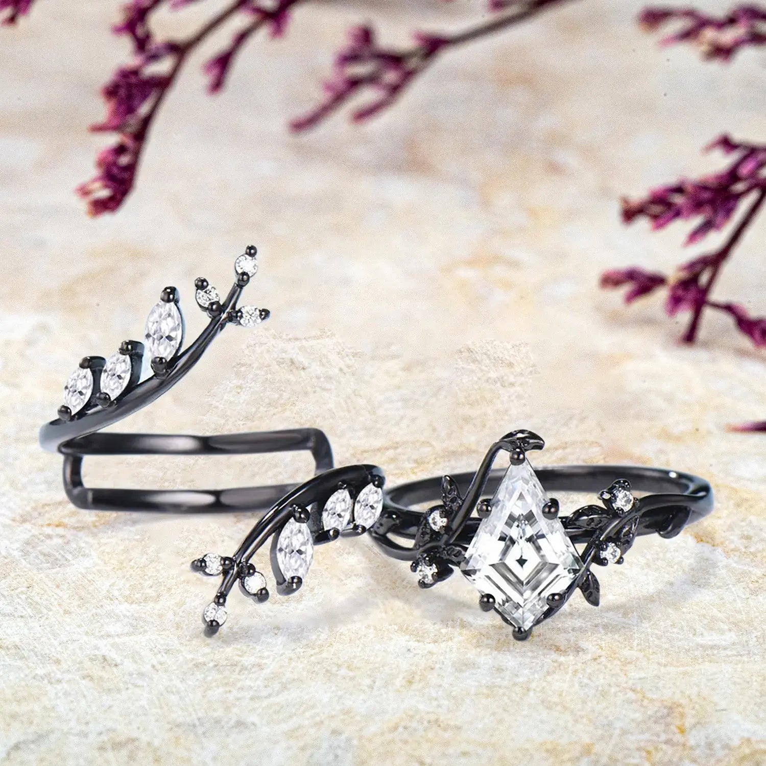 Unique Gothic Black Gold Kite Cut Moissanite Engagement Ring Set Leaf Rings for ladies promise gift Bridal Sets