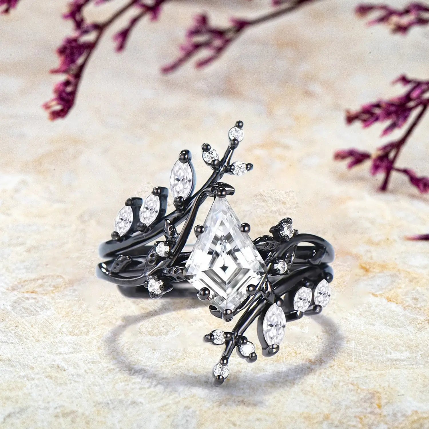 Unique Gothic Black Gold Kite Cut Moissanite Engagement Ring Set Leaf Rings for ladies promise gift