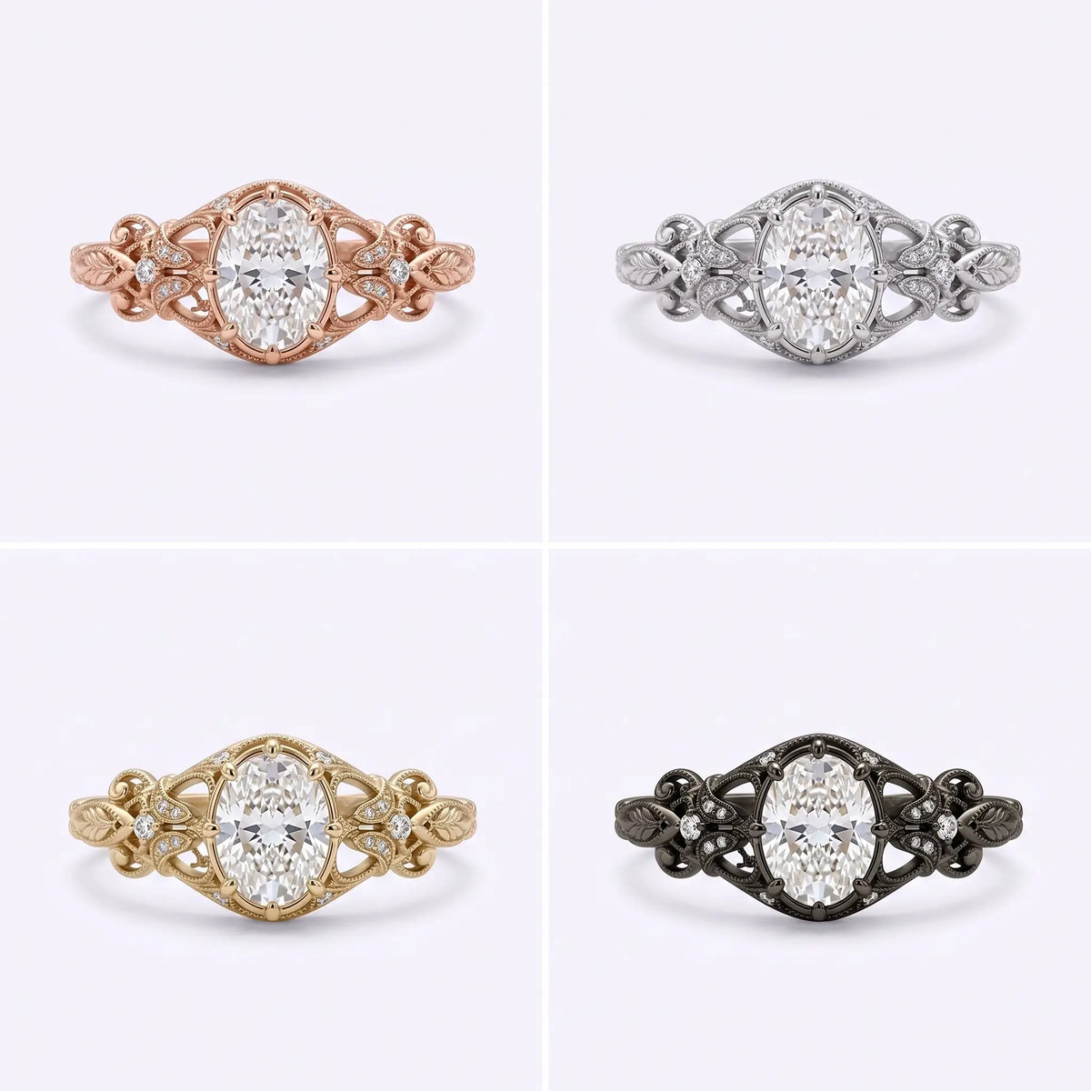 Calerienne oval moissanite filigree engagement ring shown in yellow, rose, white and black gold color options