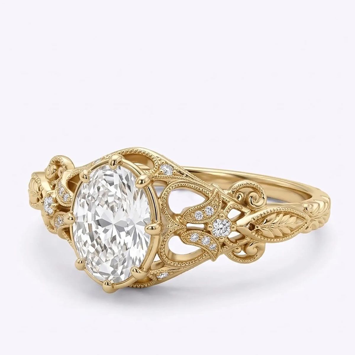Left-angle view of Calerienne Edwardian-inspired moissanite ring showing botanical openwork scrolls, leaf details and milgrain edging
