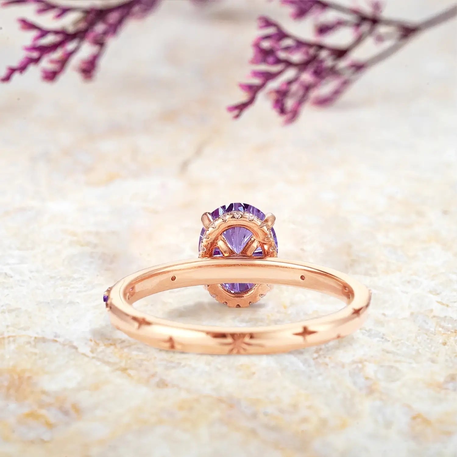 Rose gold alexandrite ring band rear engraving and smooth polished finish