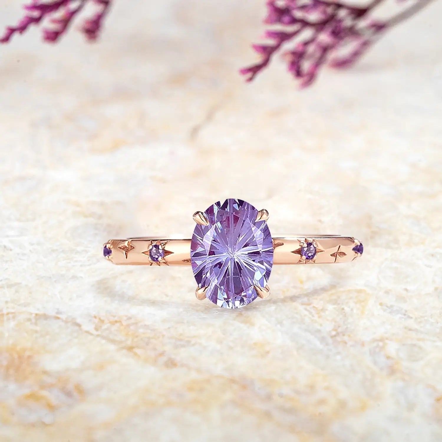 Lab Alexandrite Halo Ring – Oval Firework Cut 14k Gold Starburst
