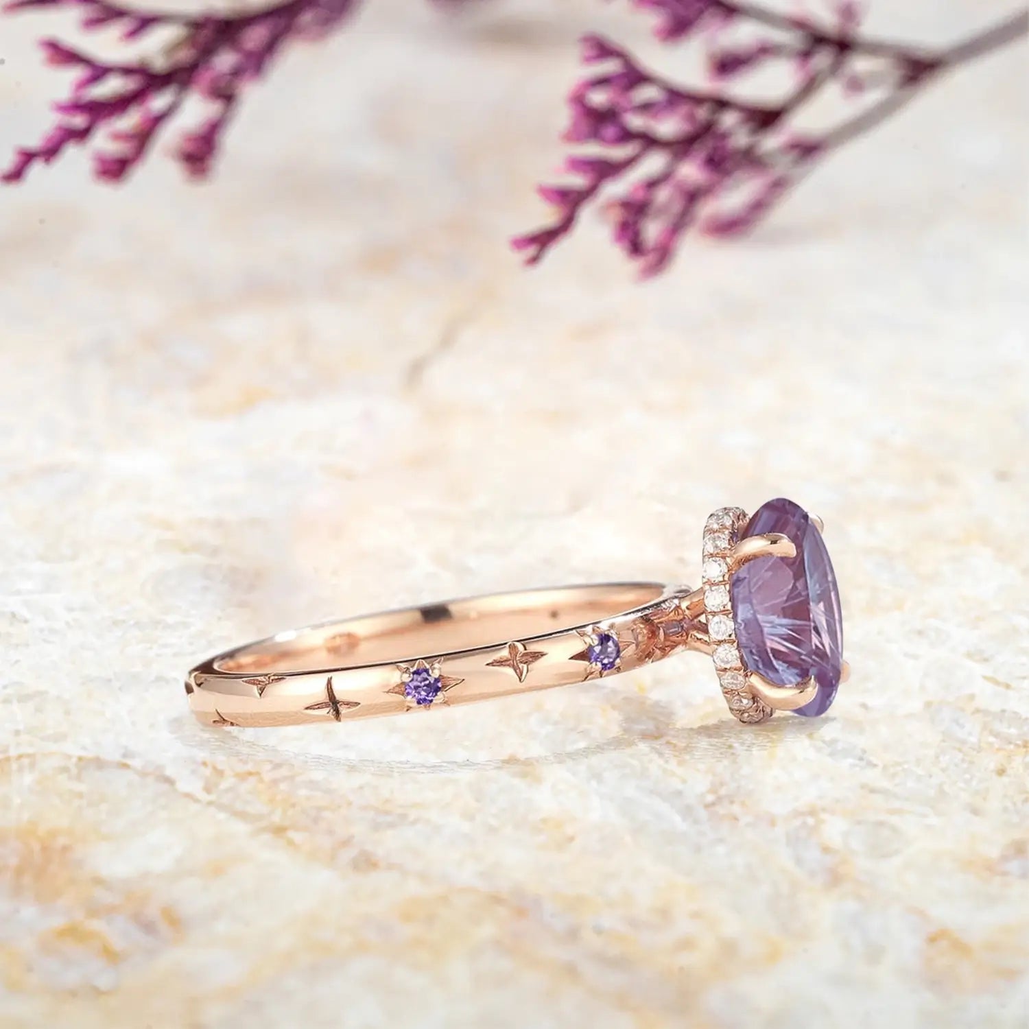 Alexandrite and amethyst starburst ring close-up with hidden halo details
