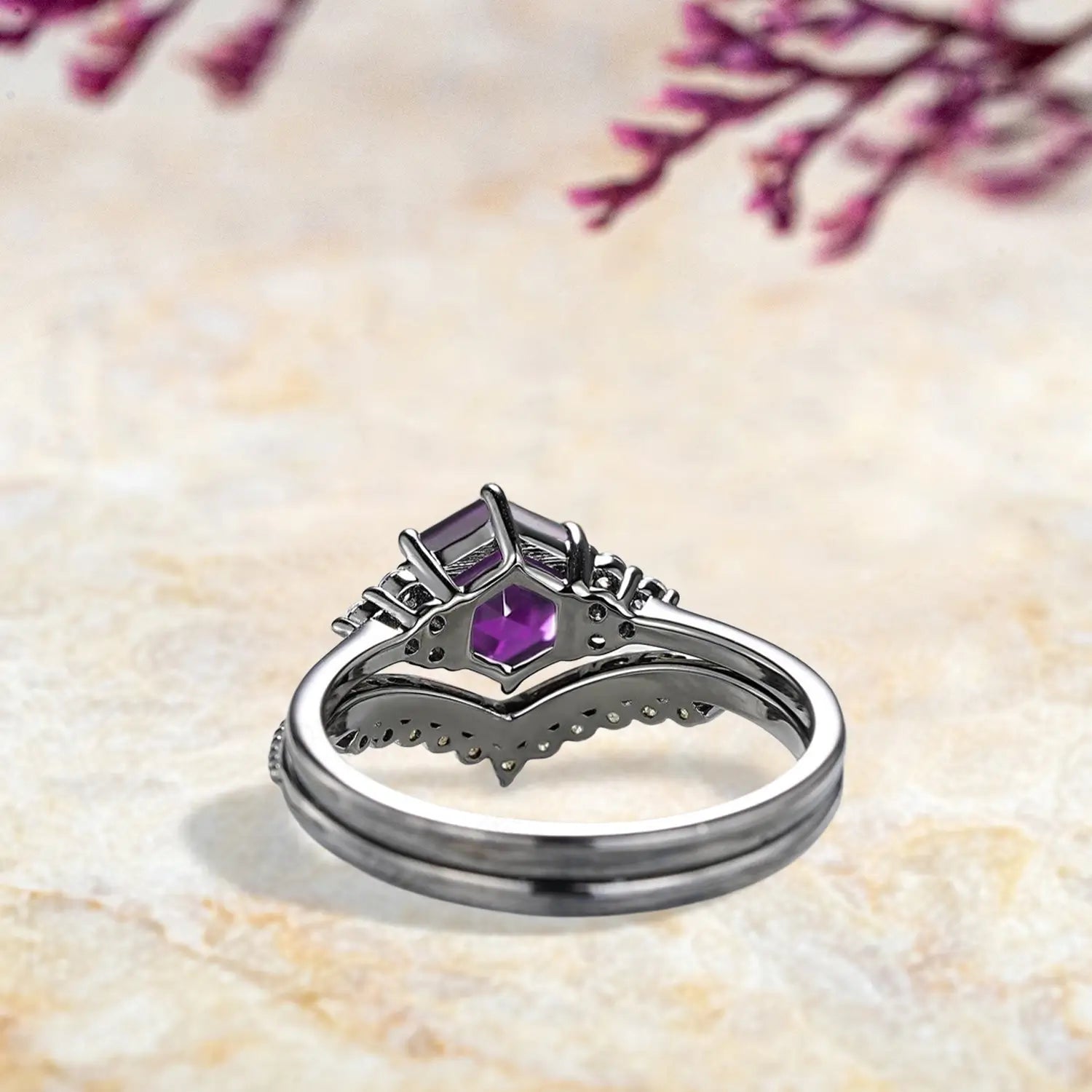 Back view of custom amethyst engagement ring set showing Gothic cluster and milgrain chevron wedding band craftsmanship