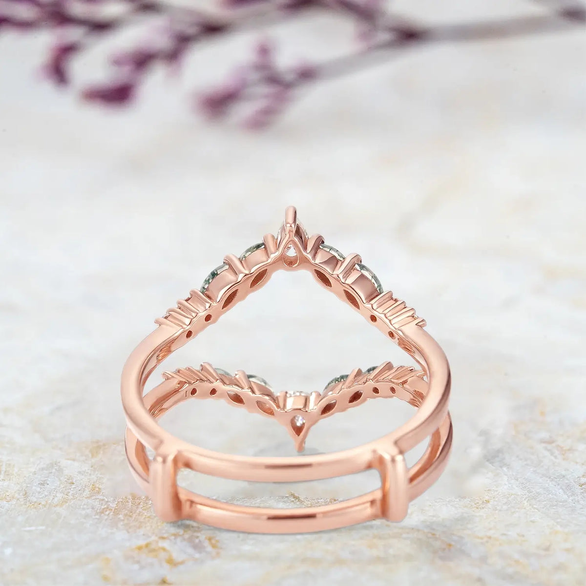 Moss Agate Moissanite Enhancer Double Wedding Band