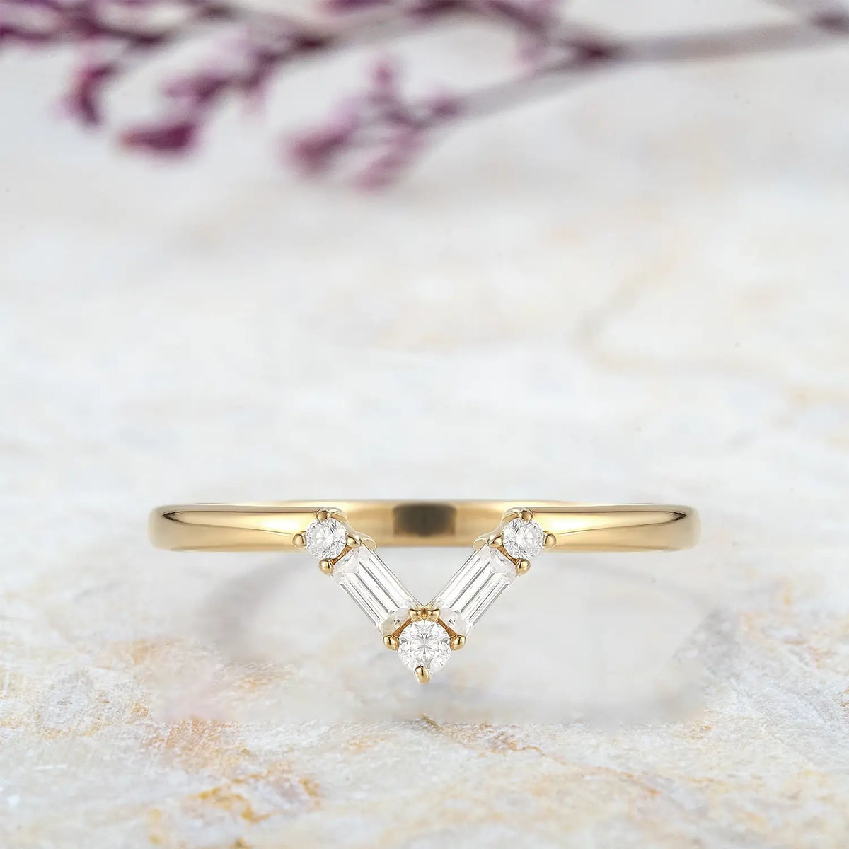 Chevron Moissanite Wedding Band – Rectangle & Round Cut Stackable Gold Ring