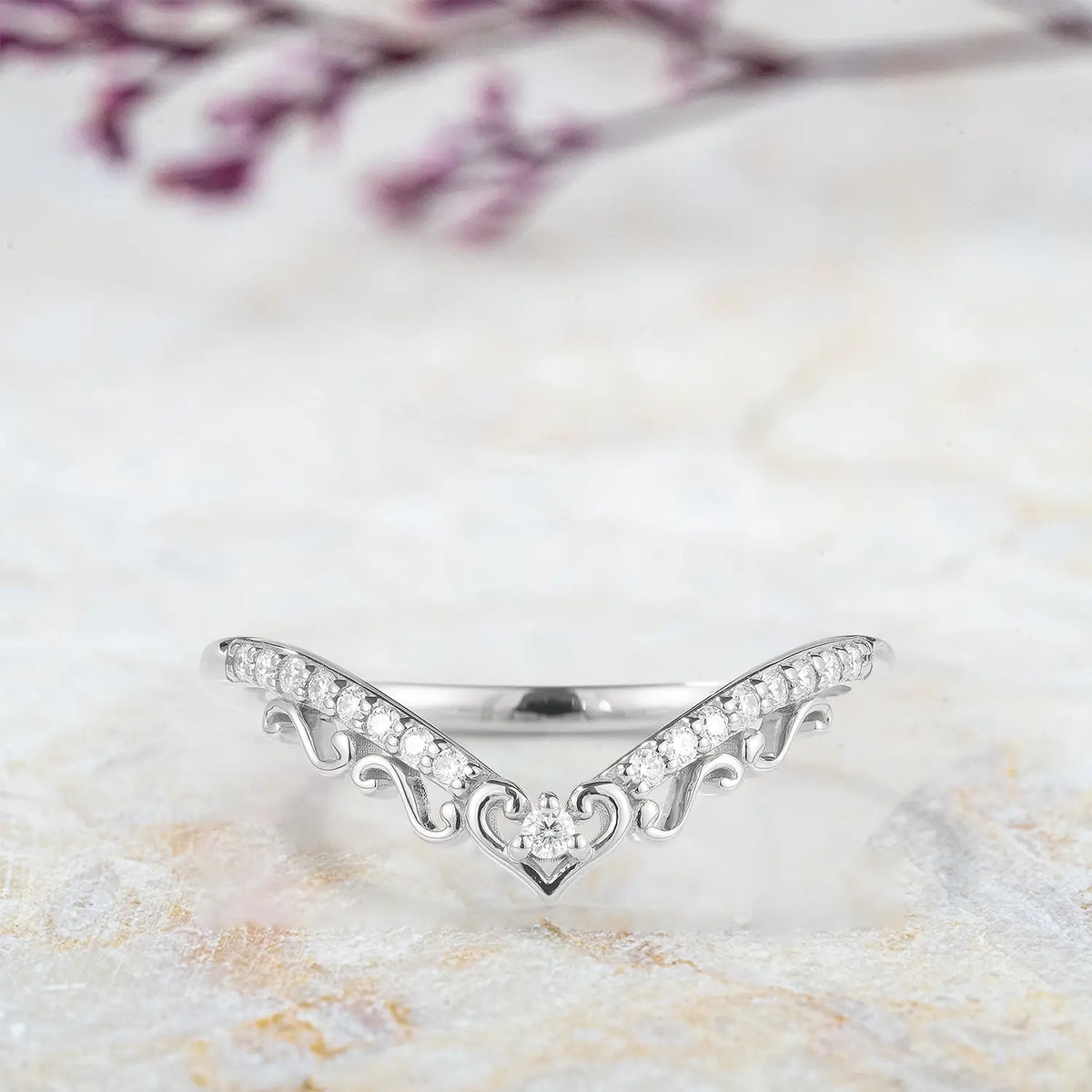 Regal Heart Moissanite Chevron Wedding Band – Vintage Half Eternity Ring for ladies gift