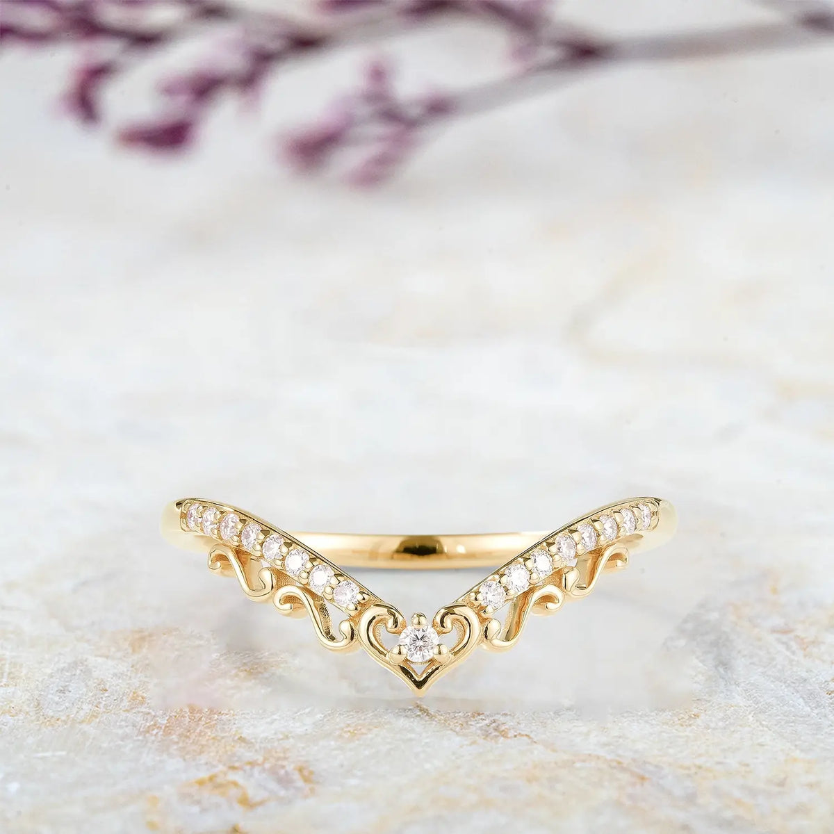 Regal Heart Moissanite Chevron Wedding Band – Vintage Half Eternity Ring