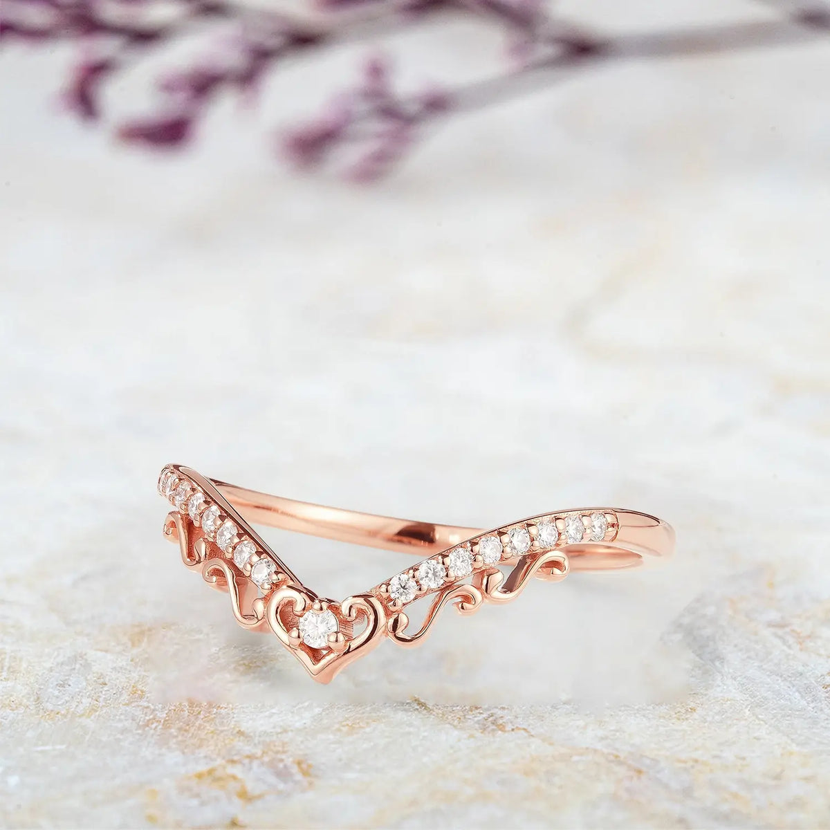 Regal Heart Moissanite Chevron Wedding Band – Vintage Half Eternity Ring for ladies gift