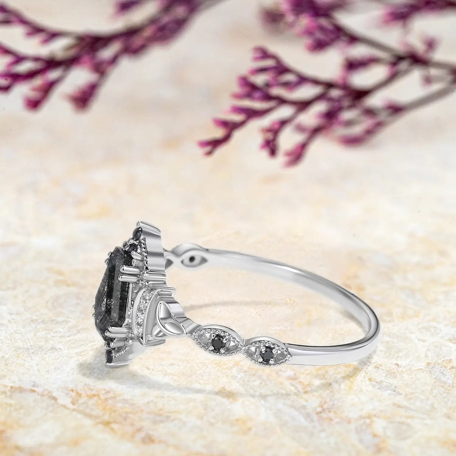 Unique Coffin Cut Black Rutilated Quartz Engagement Ring - Flora Rings custom white gold rings for ladies