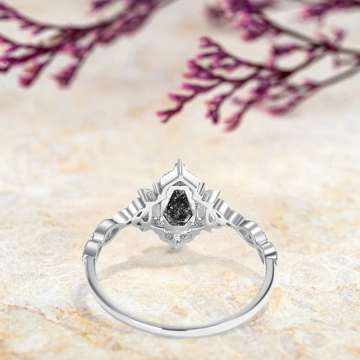 Unique Coffin Cut Black Rutilated Quartz Engagement Ring - Flora Rings custom white gold rings for ladies