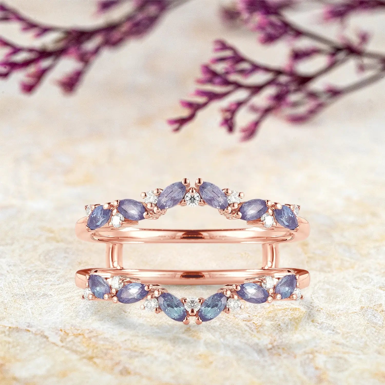 Alexandrite Enhancer Double Matching Bands for Engagement Rings | orleone rose gold band