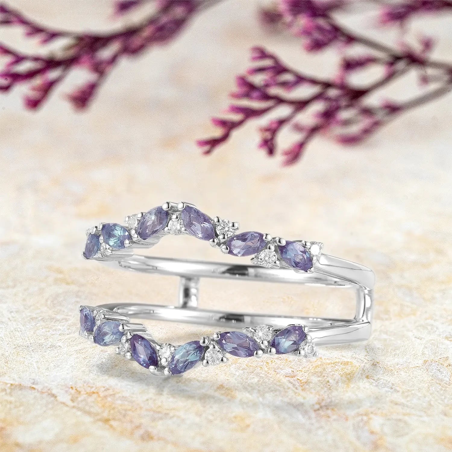 Alexandrite Enhancer Double Matching Bands for Engagement Rings | orleone white gold band