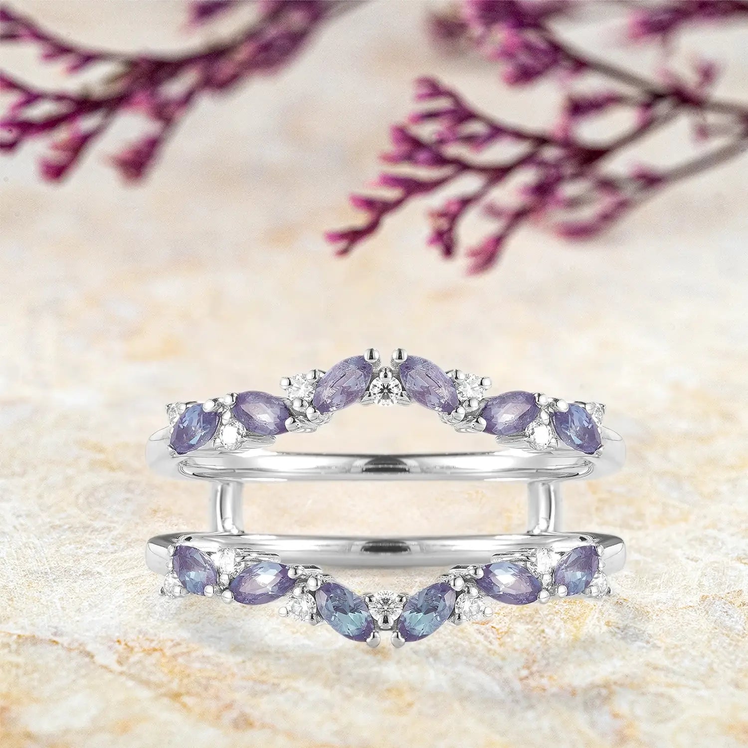 Alexandrite Enhancer Double Matching Bands for Engagement Rings | orleone white gold band
