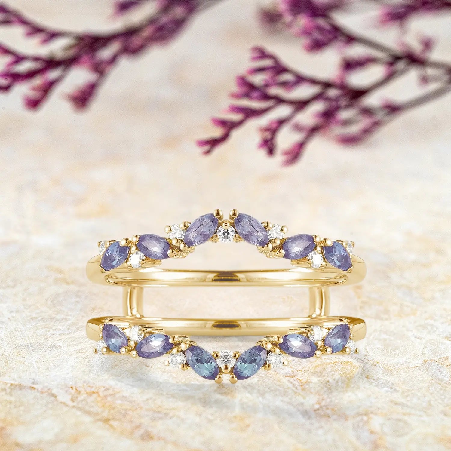 Alexandrite Enhancer Double Matching Bands for Engagement Rings | orleone yellow gold band