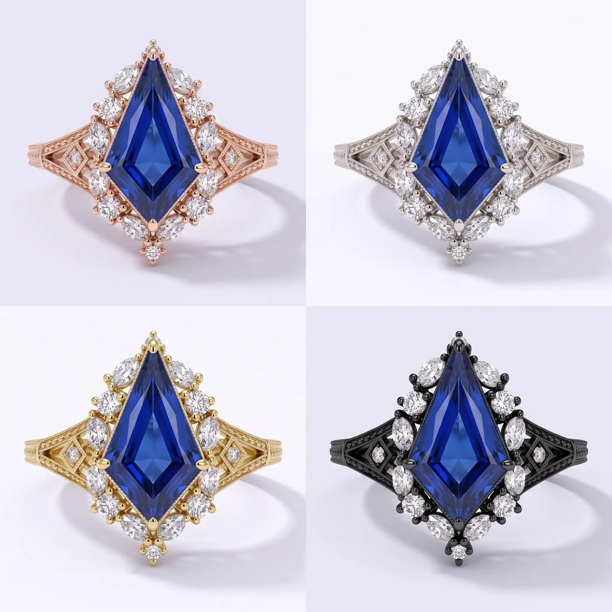 Elarisse kite cut lab sapphire engagement ring displayed in yellow gold, white gold, rose gold and black gold, featuring a geometric cluster halo and vintage detailing.