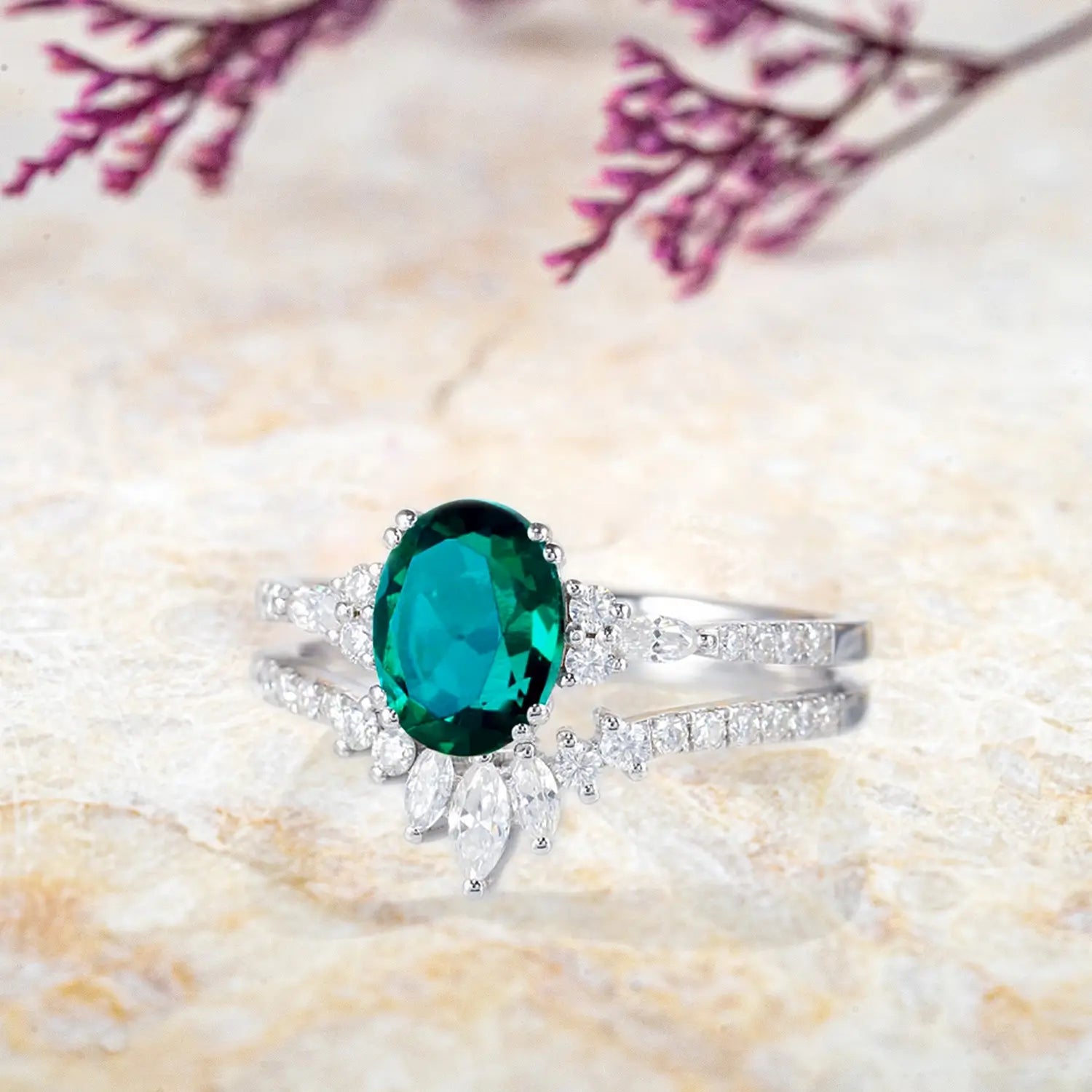 Oval Emerald Engagement Ring Set White Gold Cluster Diamond Band - Verdant