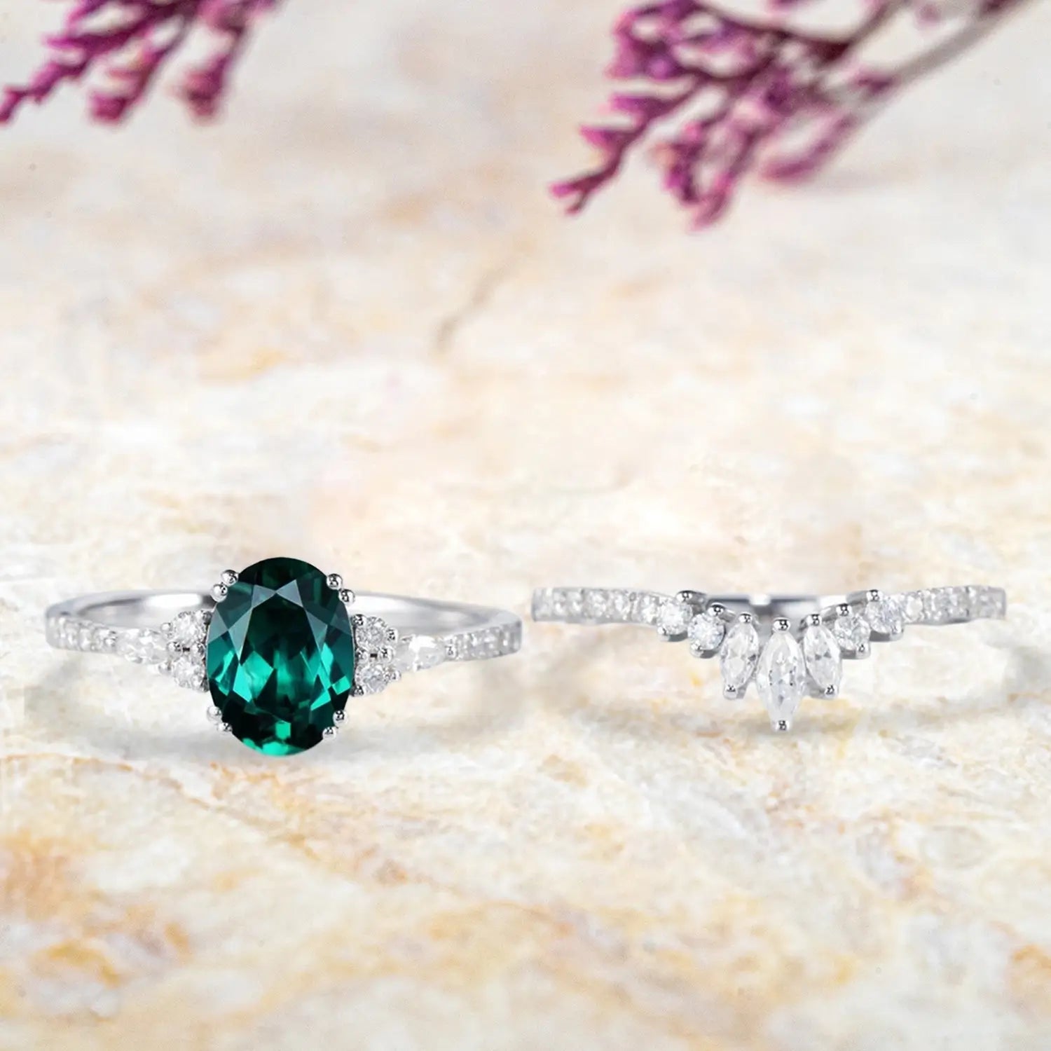 Oval Emerald Engagement Ring Set White Gold Cluster Diamond Band - Verdant