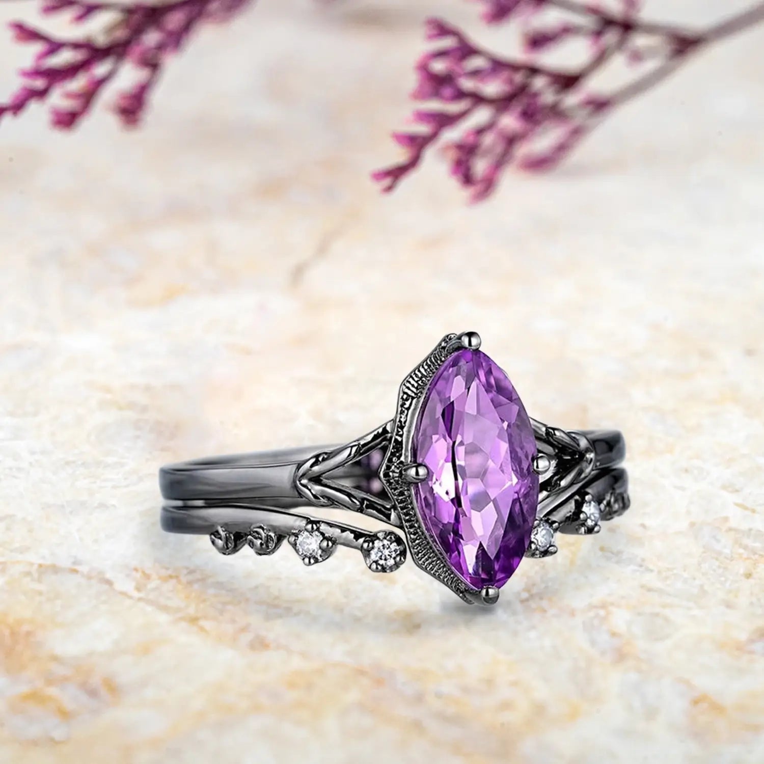 Side view of marquise amethyst ring showing vintage milgrain bezel and split shank wedding band profile