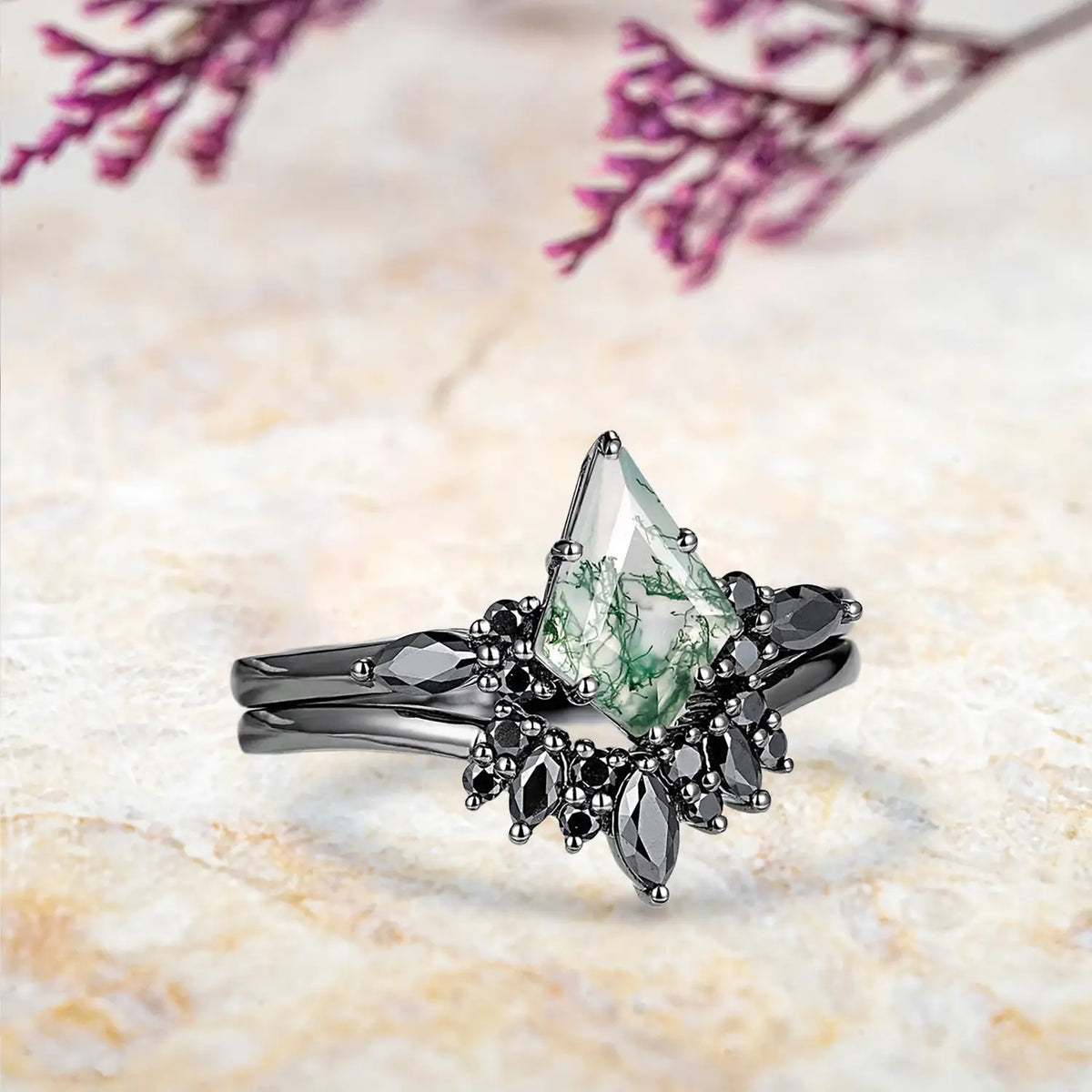 Side view of kite moss agate ring showing luxury black moissanite cluster and curved chevron wedding band profile
