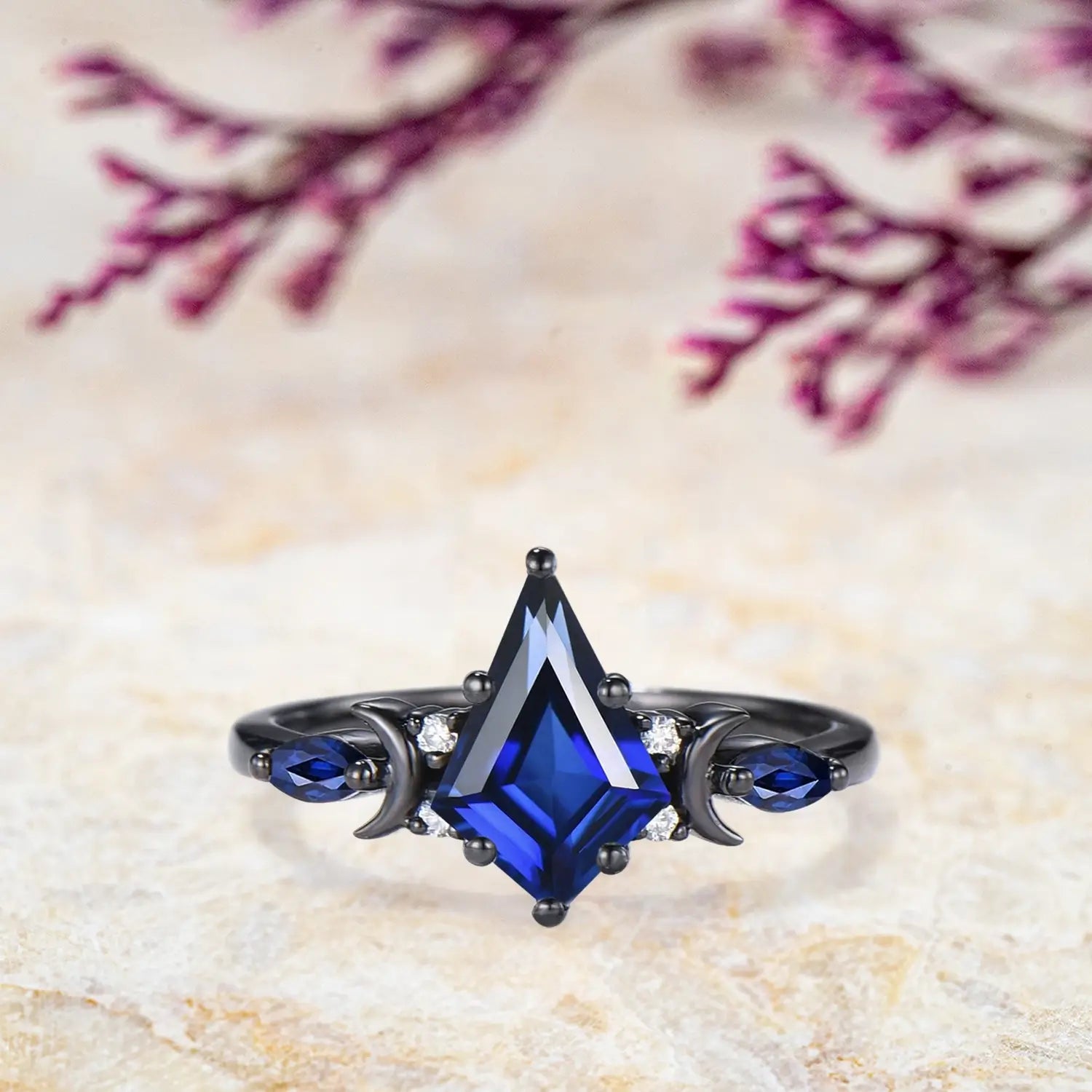 Black gold kite cut blue sapphire engagement ring