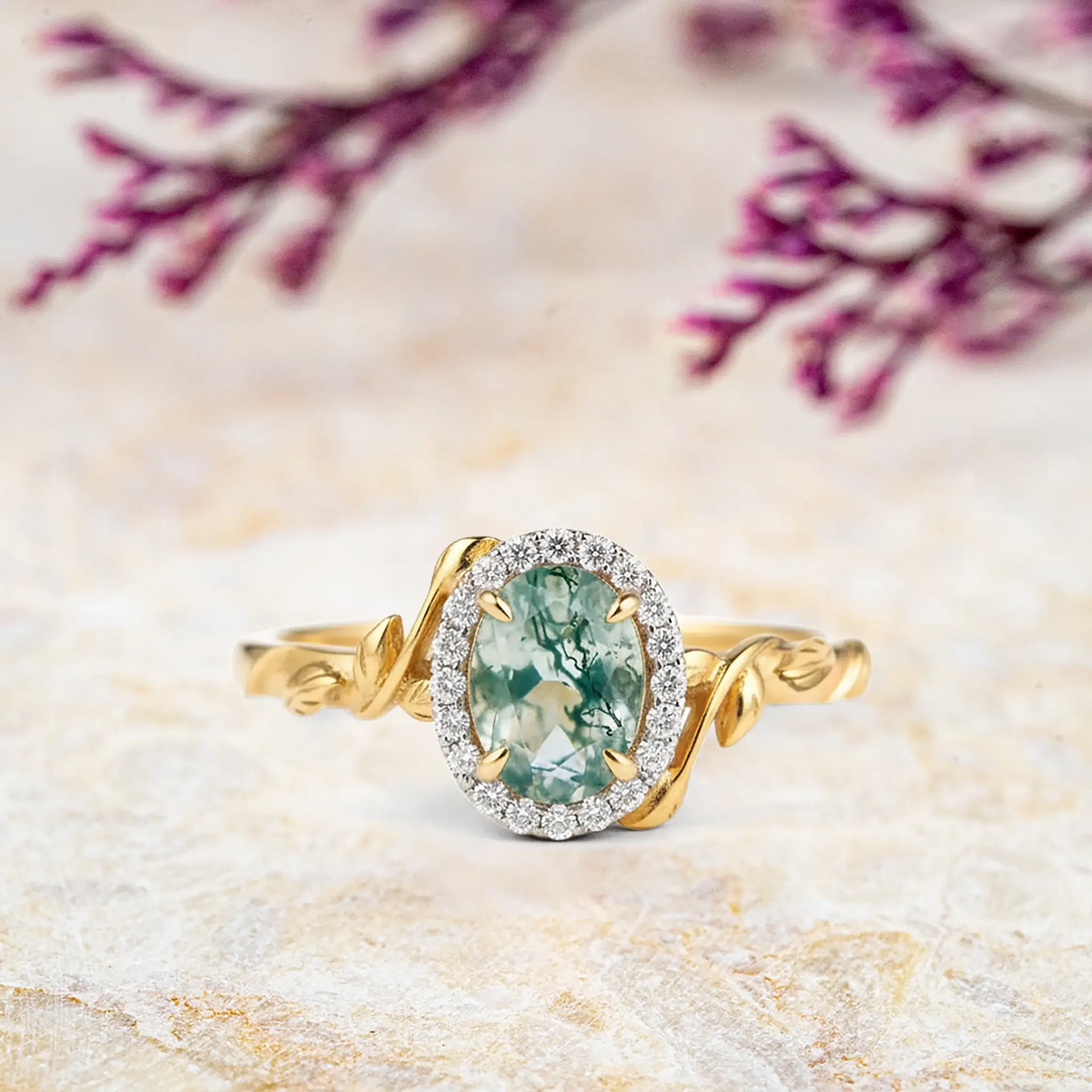 moss agate halo leaf ring yellow gold oval cut natural stone jewelry engagement ring for women