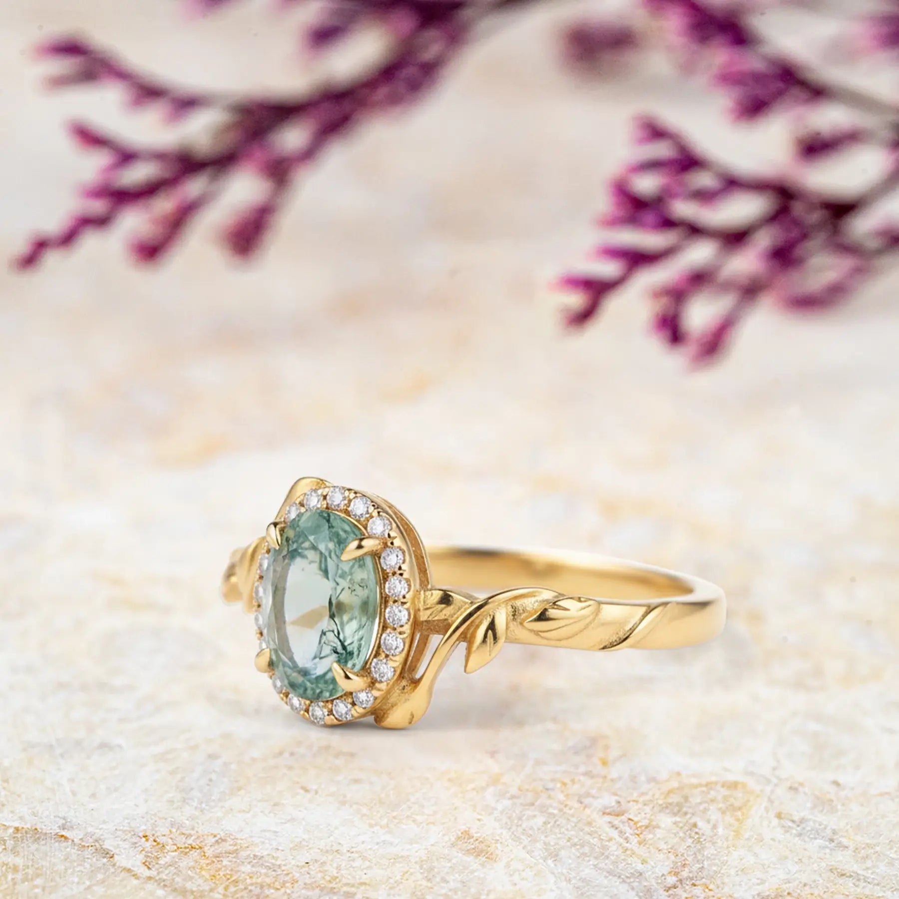 sunflower ring with moss agat oval cut gem 18k gold | orleone
