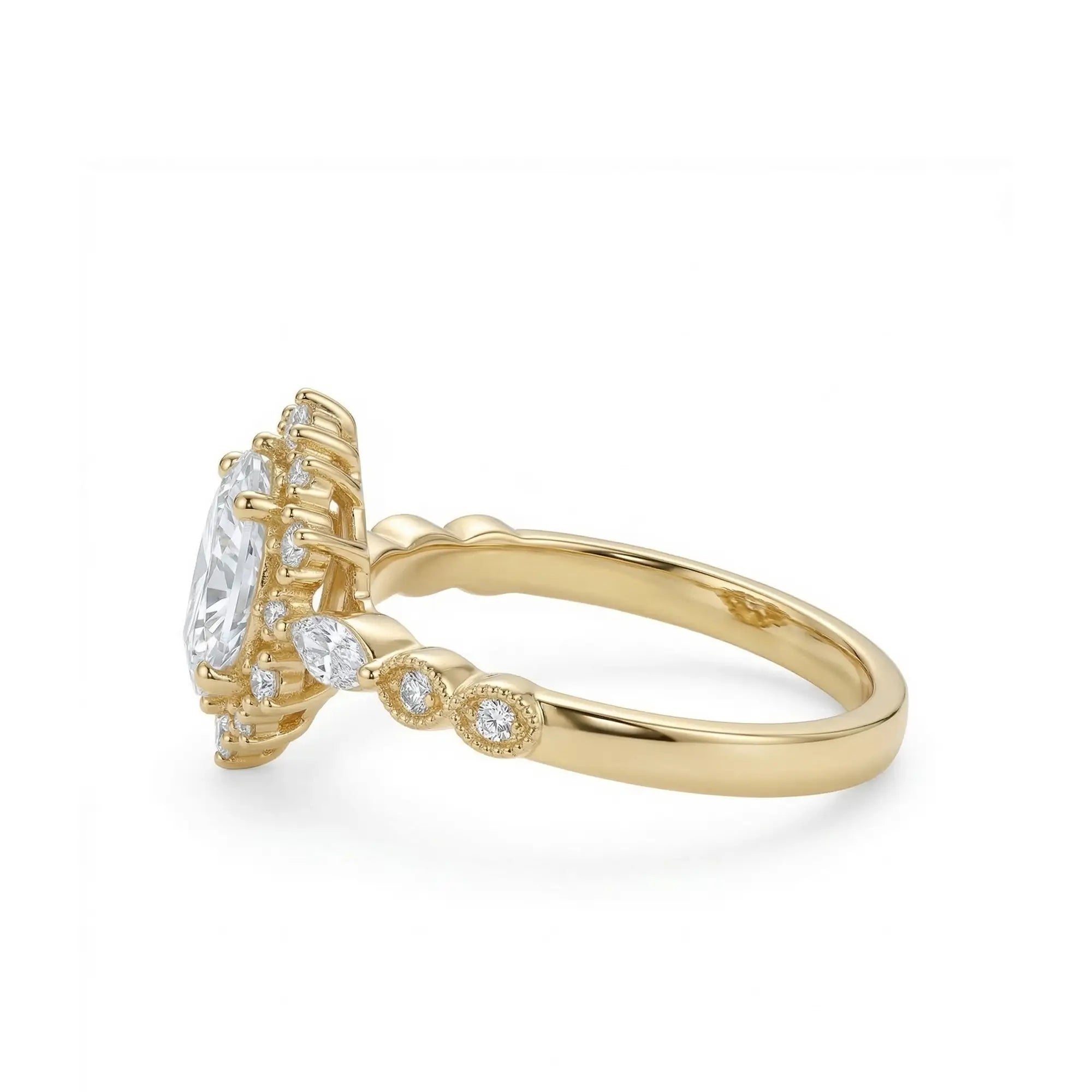 oval moissanite halo engagement ring vintage crown setting with round moissanite halo and marquise accents