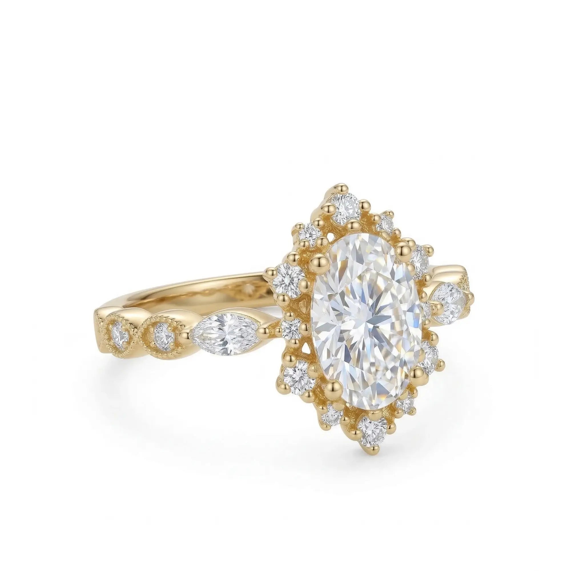 vintage oval moissanite engagement ring with marquise and round moissanite band delicate gold ring