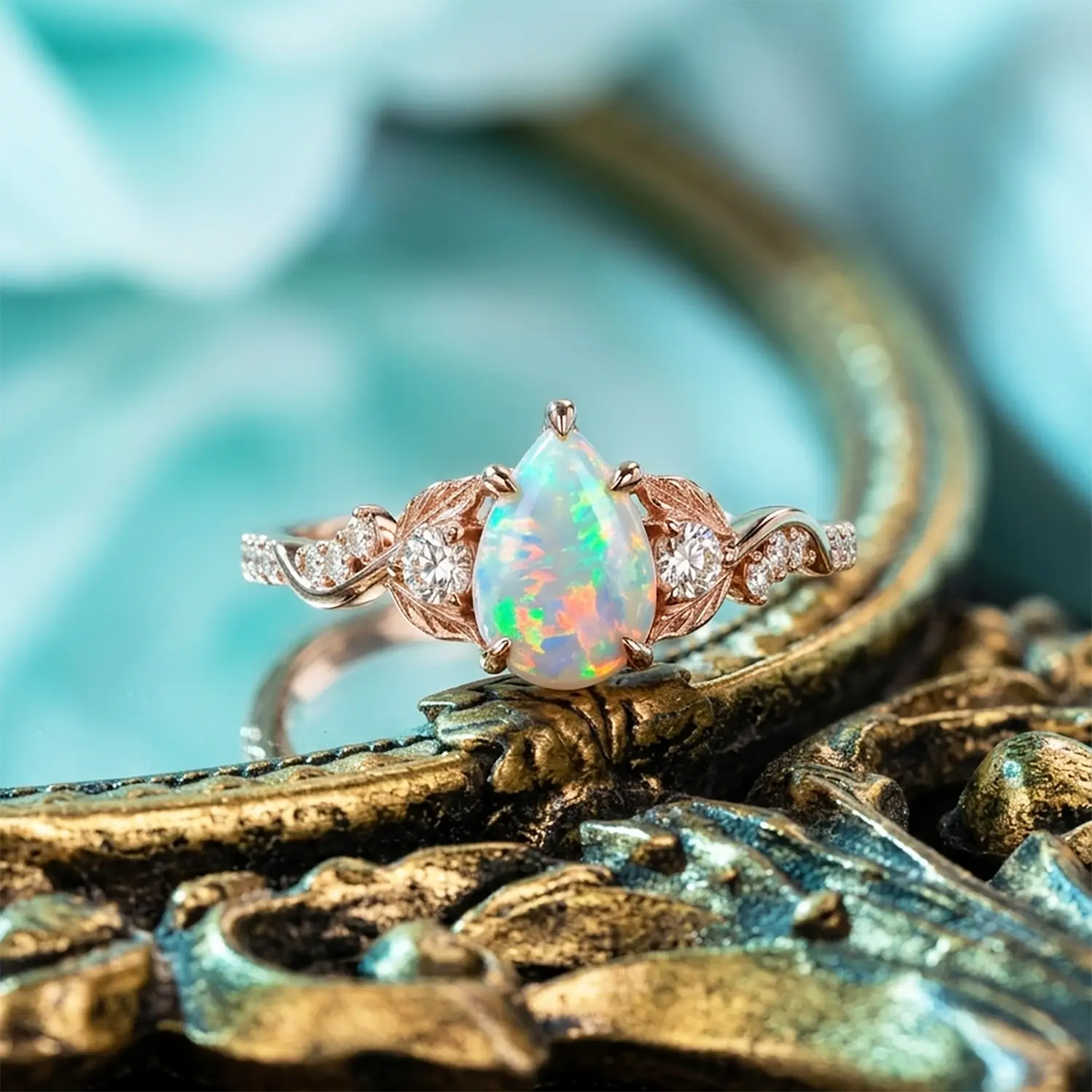 nature inspired opal ring for women handmade leaf engagement ring vintage jewelry