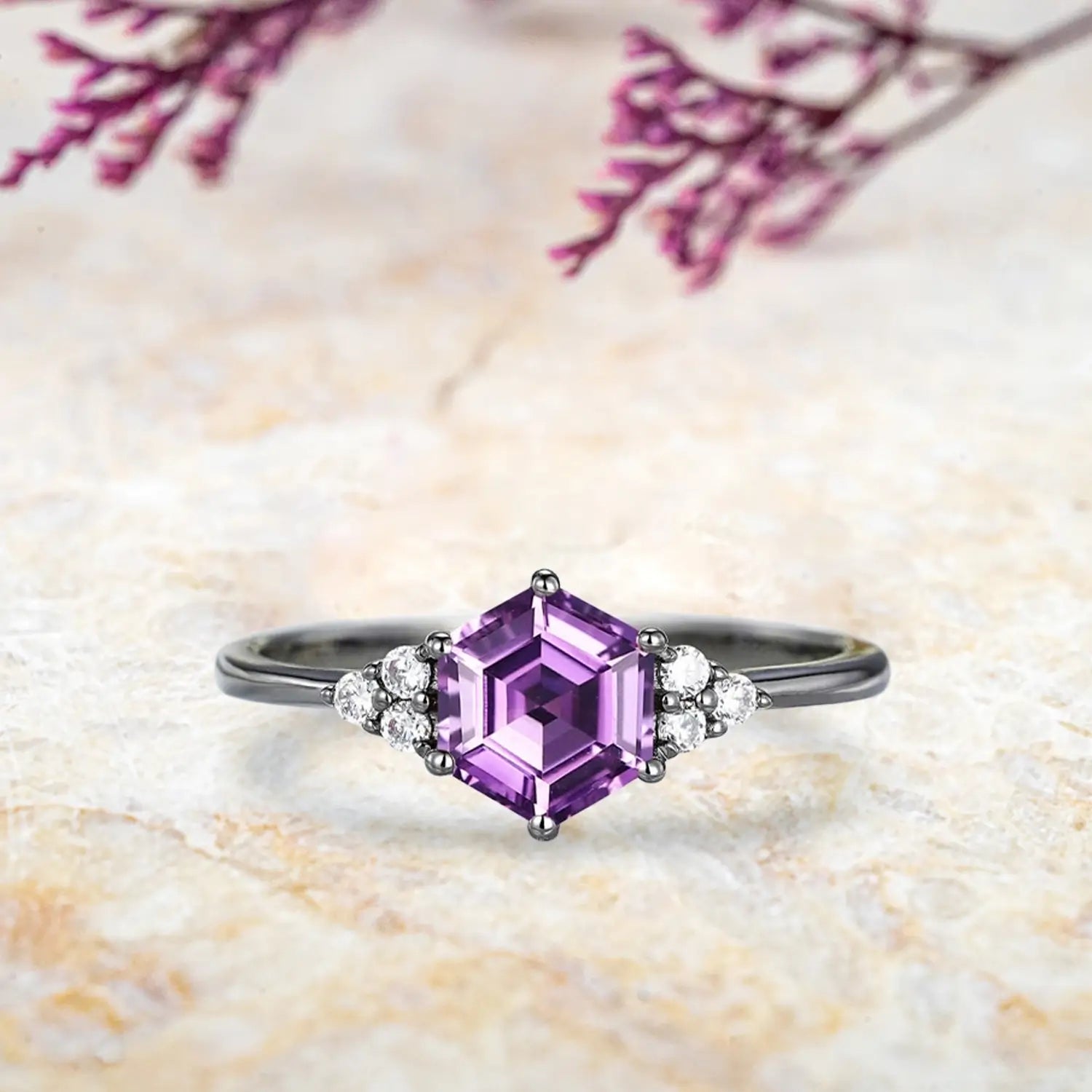 Hexagon amethyst engagement ring with moissanite cluster and milgrain chevron wedding band in black gold
