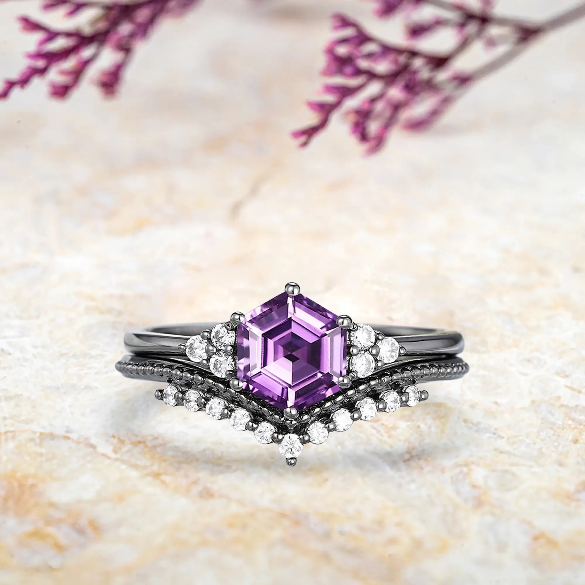 Hexagon amethyst engagement ring with moissanite cluster and milgrain chevron wedding band set in black gold