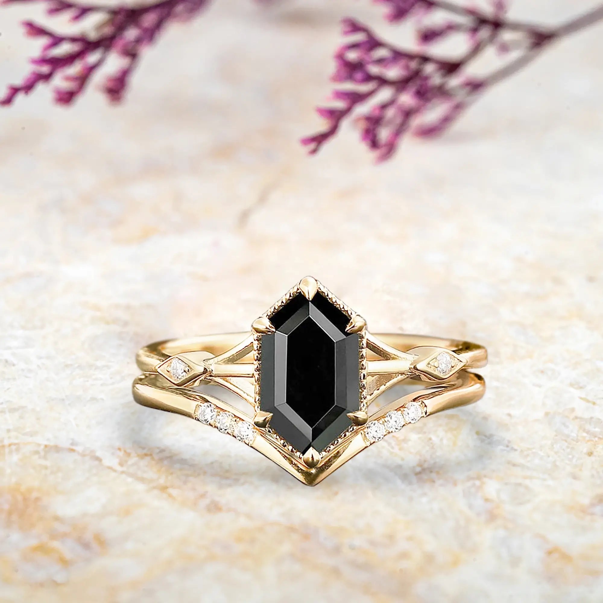 Hexagonal black onyx bridal set in yellow gold with diamond accents Art Deco design