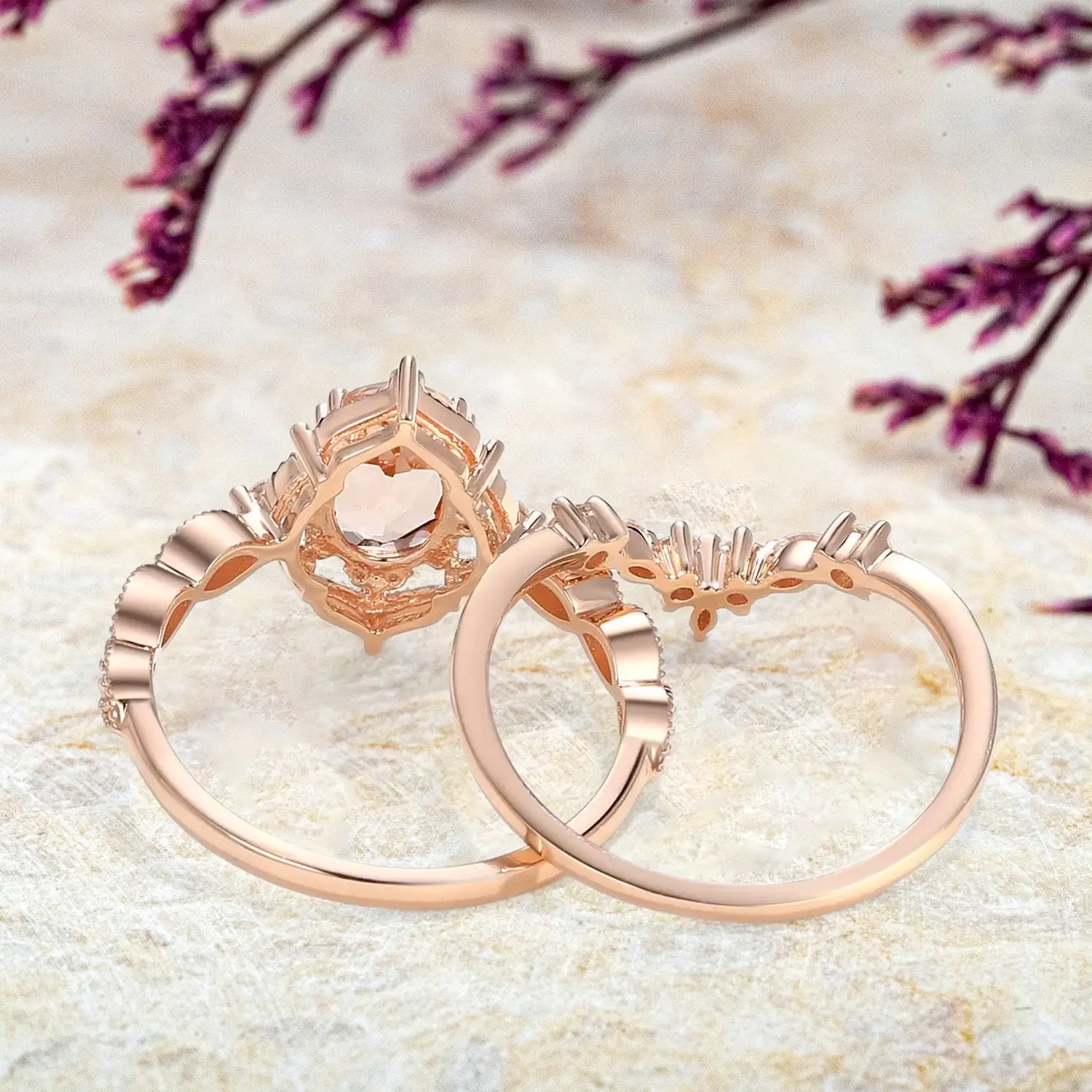 Oval Peach Morganite Engagement Ring Set - Vintage Gold Rings anniversary promise gift for ladies