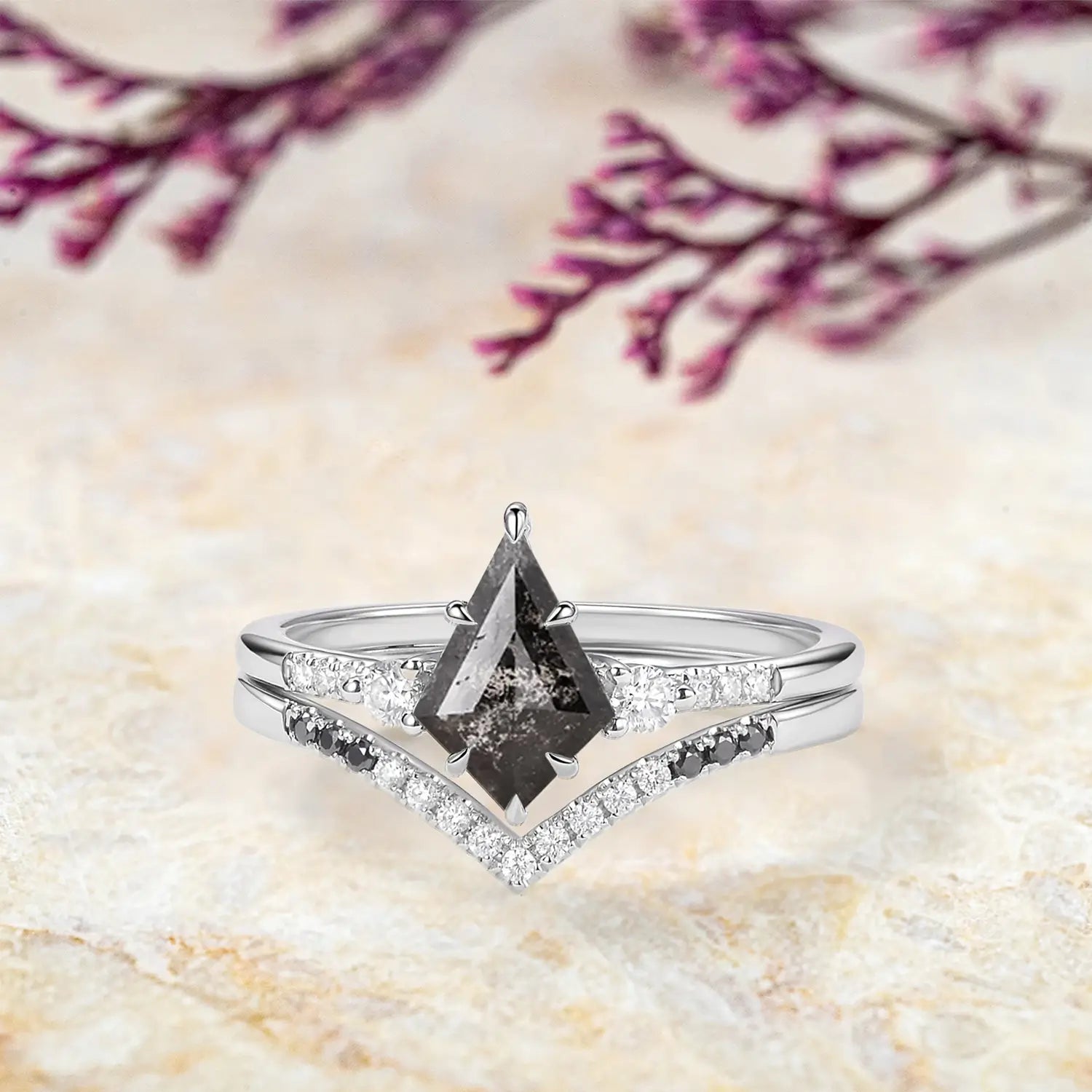 Kite Salt and Pepper Diamond Engagement Ring Set – Black Onyx Chevron Bridal Stack in 14K/18K Gold