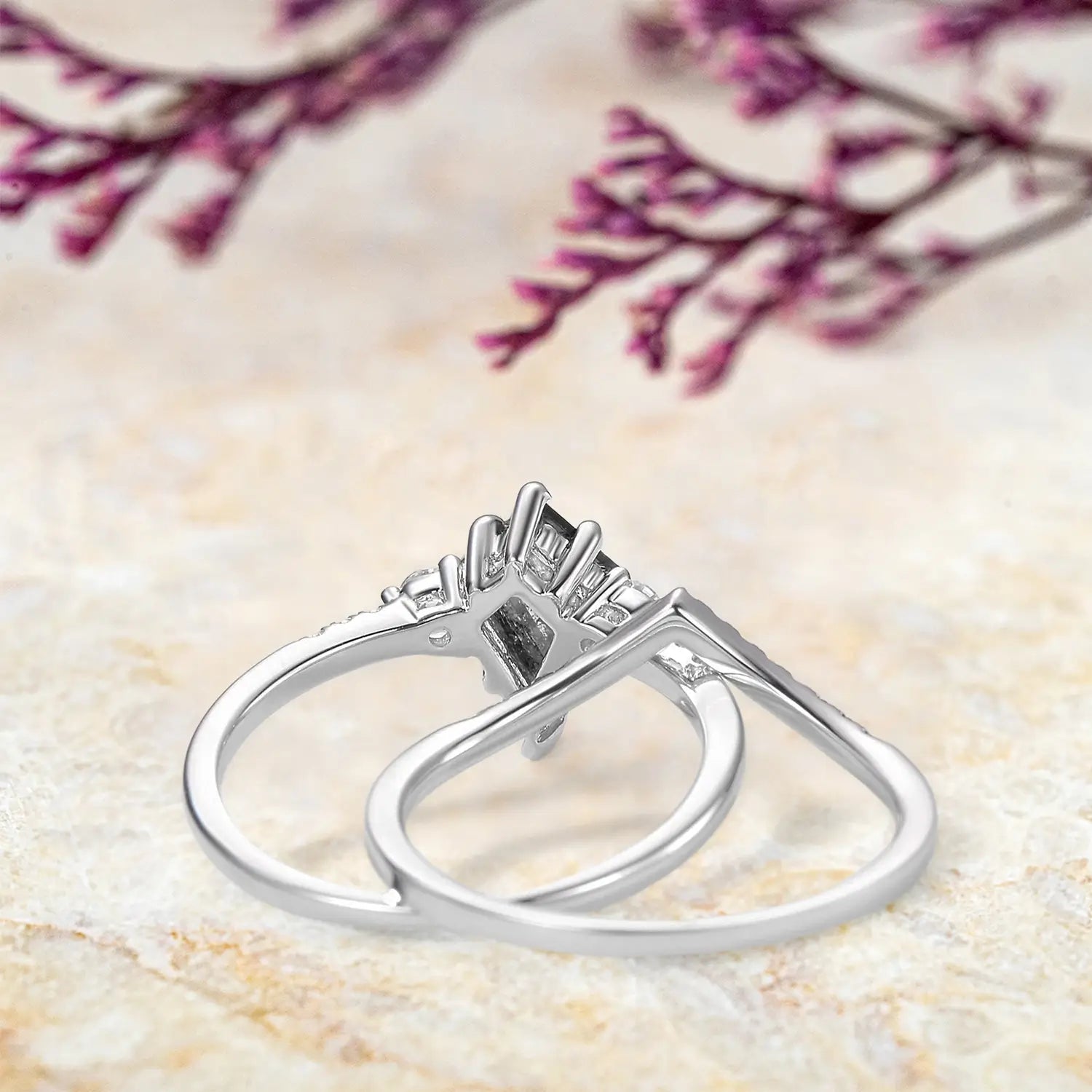 Kite Salt and Pepper Diamond Engagement Ring Set – Black Onyx Chevron Bridal Stack in 14K/18K Gold