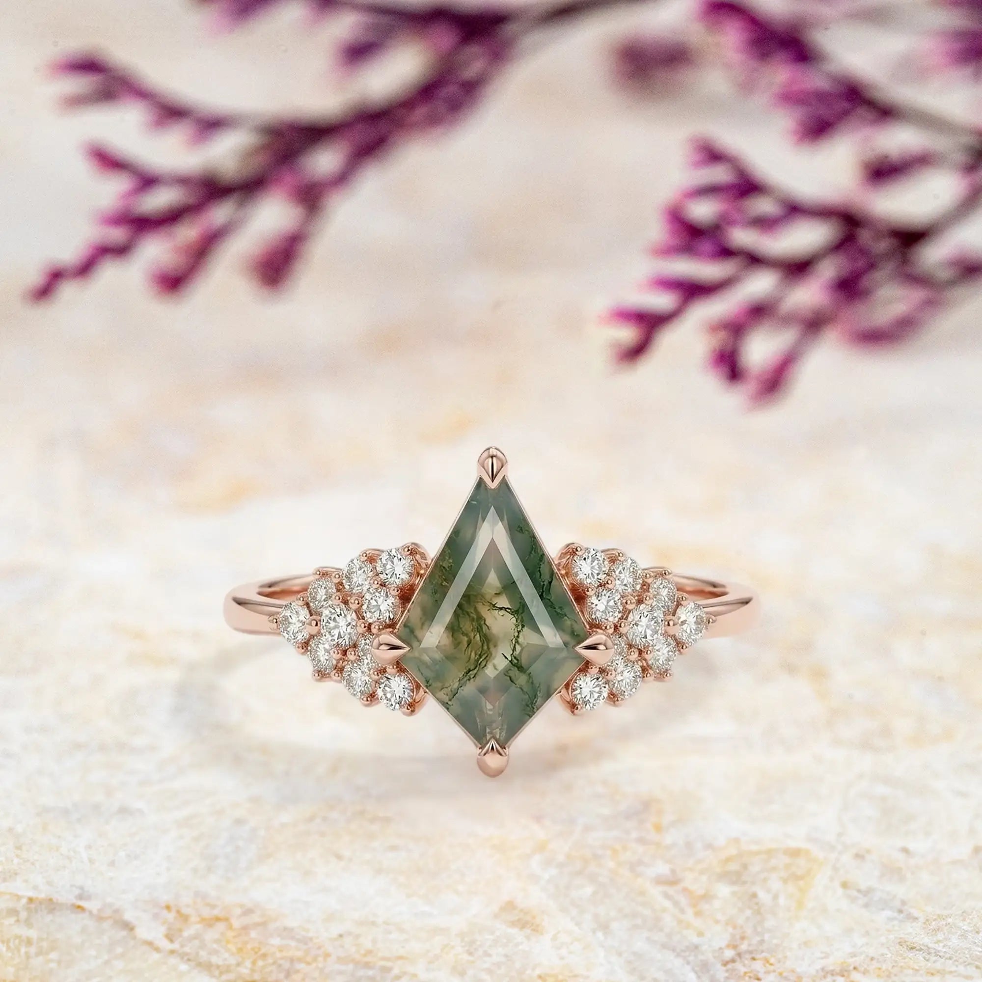kite cut moss agate cluster engagement ring unique design