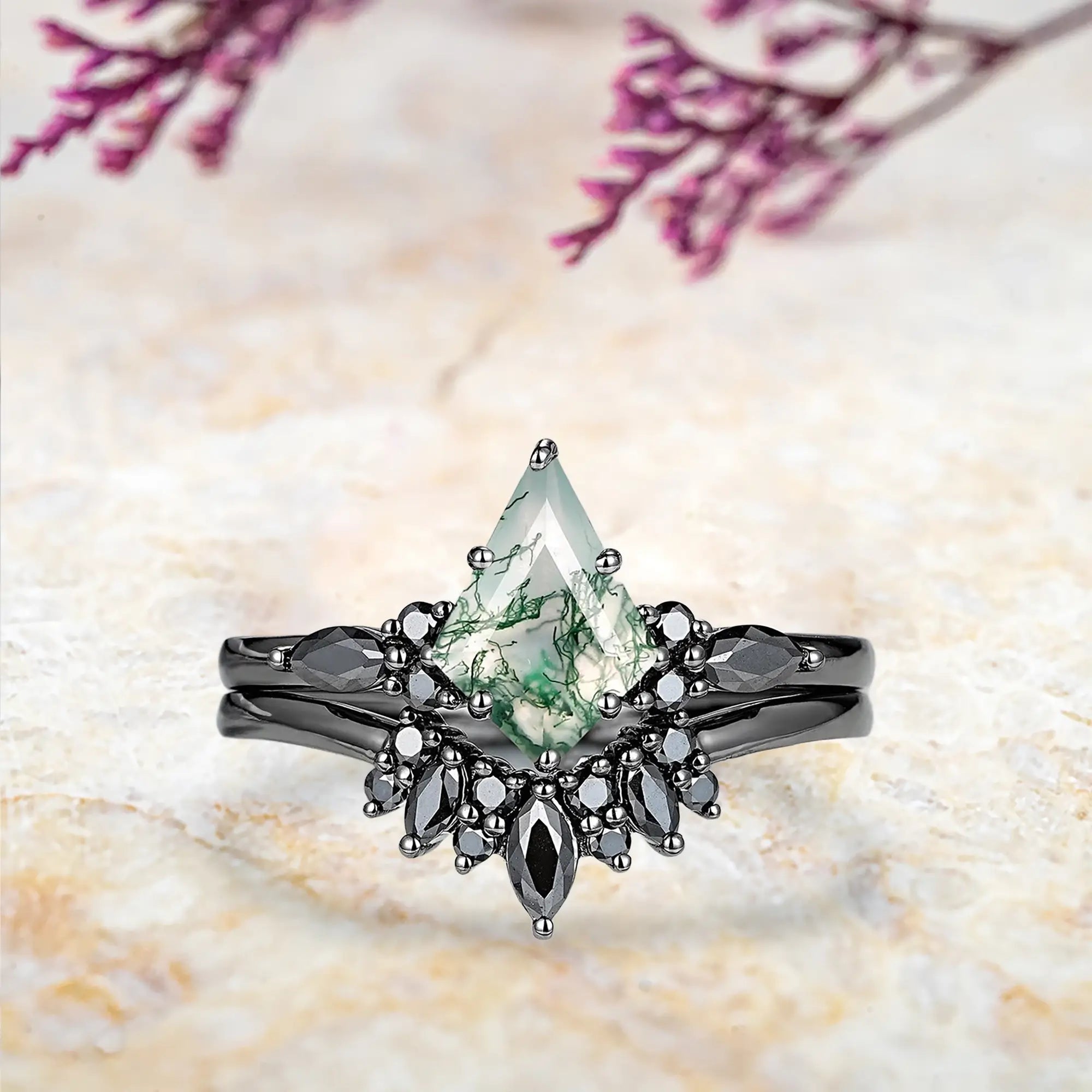 Kite moss agate engagement ring with black moissanite marquise cluster and chevron wedding band set in black gold