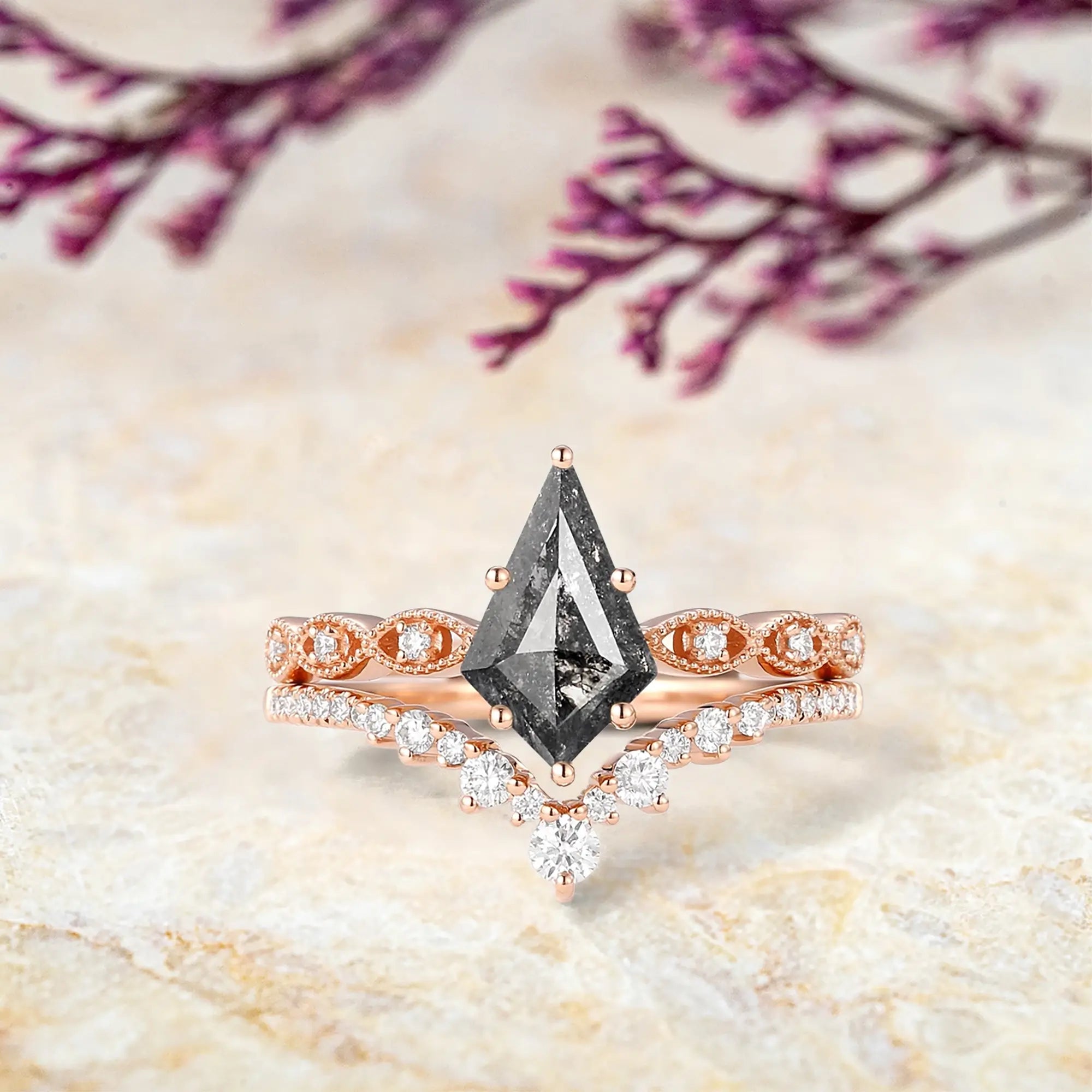 kite cut salt and pepper diamond engagement ring set in rose gold orleone jewelry
